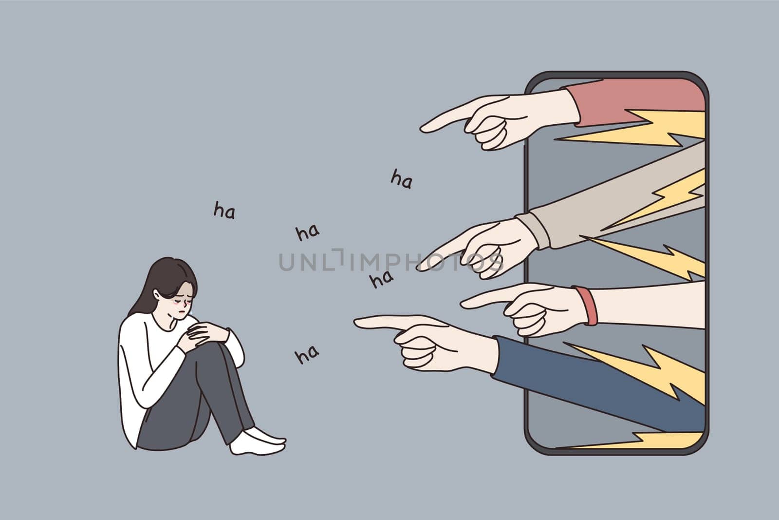 Unhappy distressed millennial girl feel depressed because of bad negative comments mocking online on smartphone chat. Depressed woman suffer from cyber bullying on social media. Vector illustration.