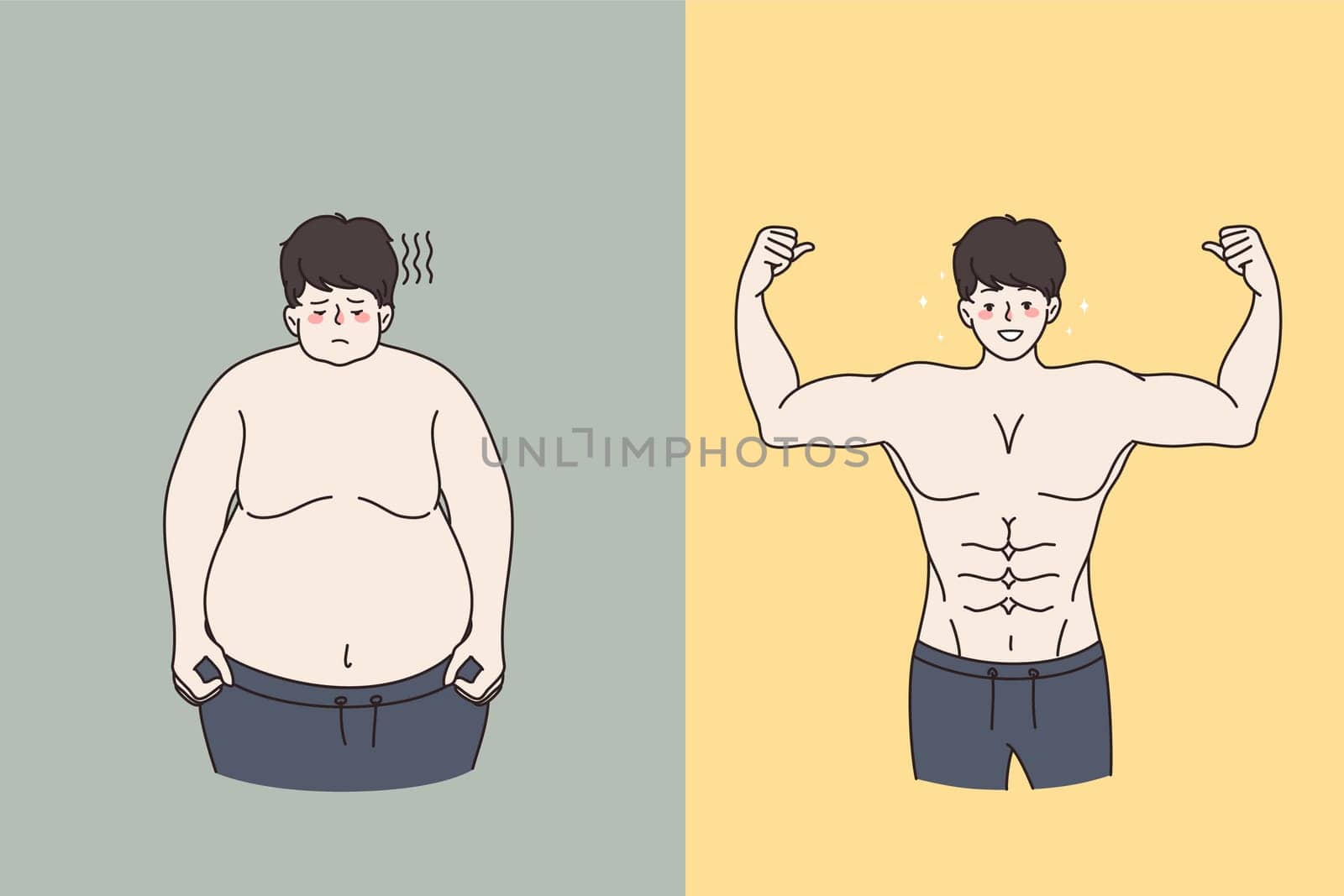 Man before after weight loss. Unhappy insecure obese fat male and smiling muscular toned. Healthy lifestyle concept. Dieting and nutrition planning. Sport and exercise result. Vector illustration.