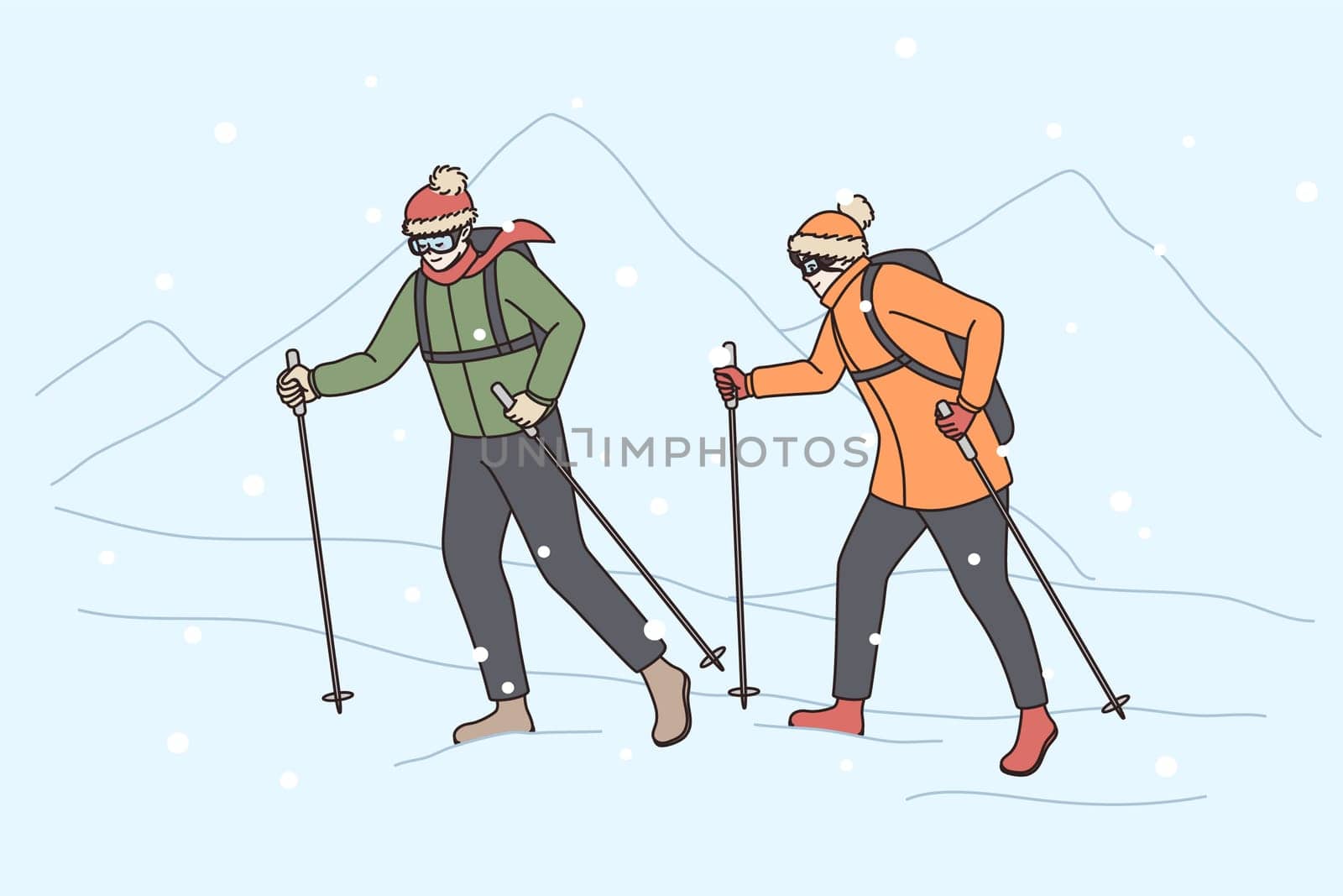 People in winter clothing hike in high mountains. Couple tourists climbers walk through heavy snow on mount peak. Climbing in wild nature, mounteering sport concept. Flat vector illustration.