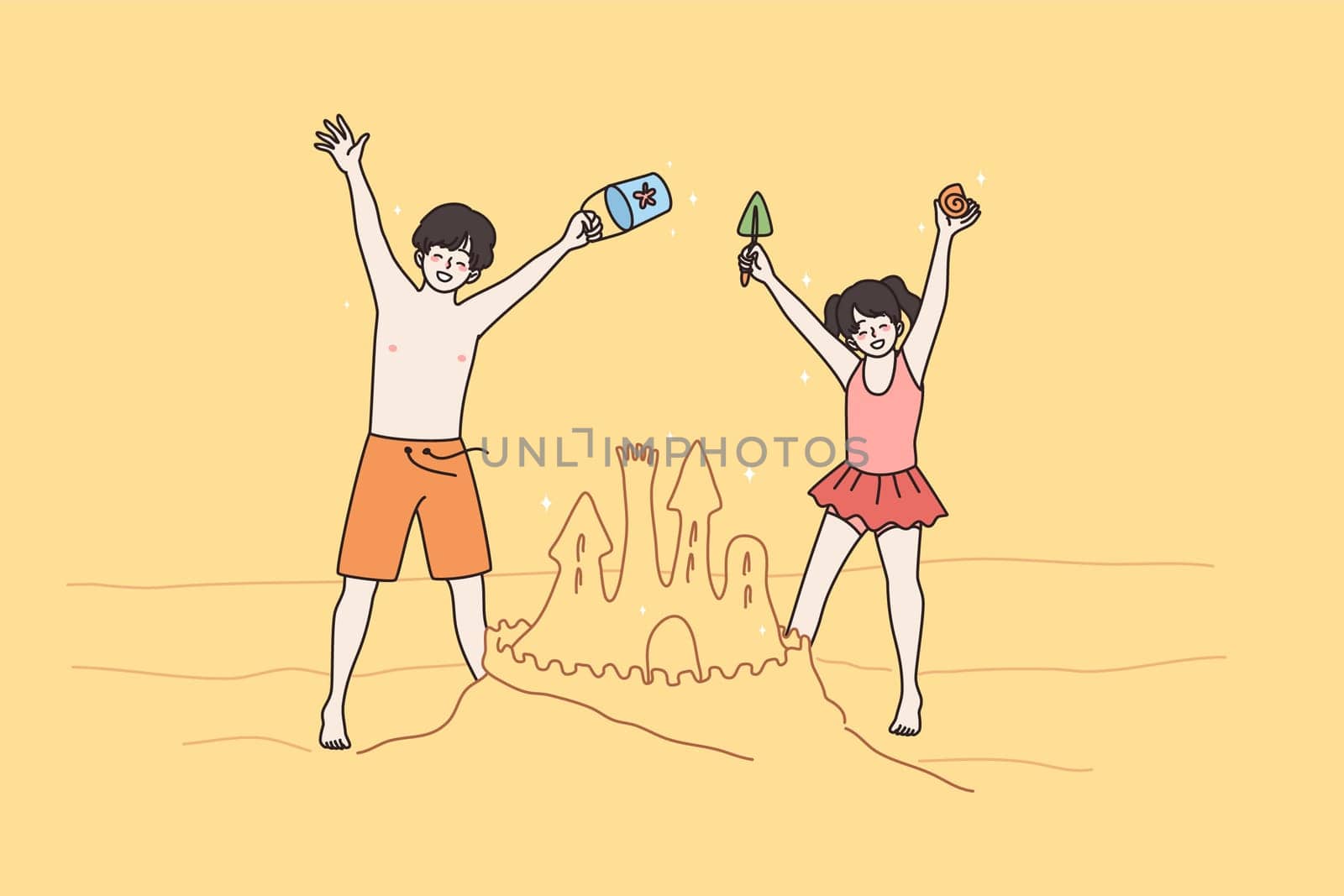 Happy small children play in sand on beach enjoy summer vacation. Smiling little kids boy and girl have fun building castle on seaside on family sea holidays. Childhood concept. Vector illustration.