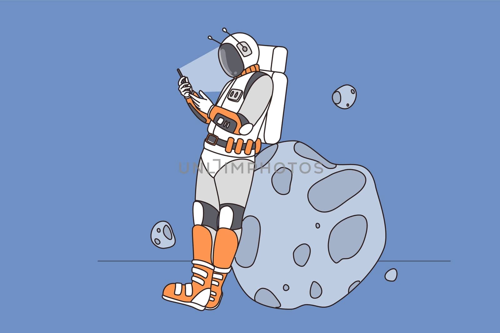 Astronaut on asteroid use modern smartphone browse wireless internet in open space. Spaceman in costume on moon text message on cellphone gadget. Technology. Flat vector illustration.