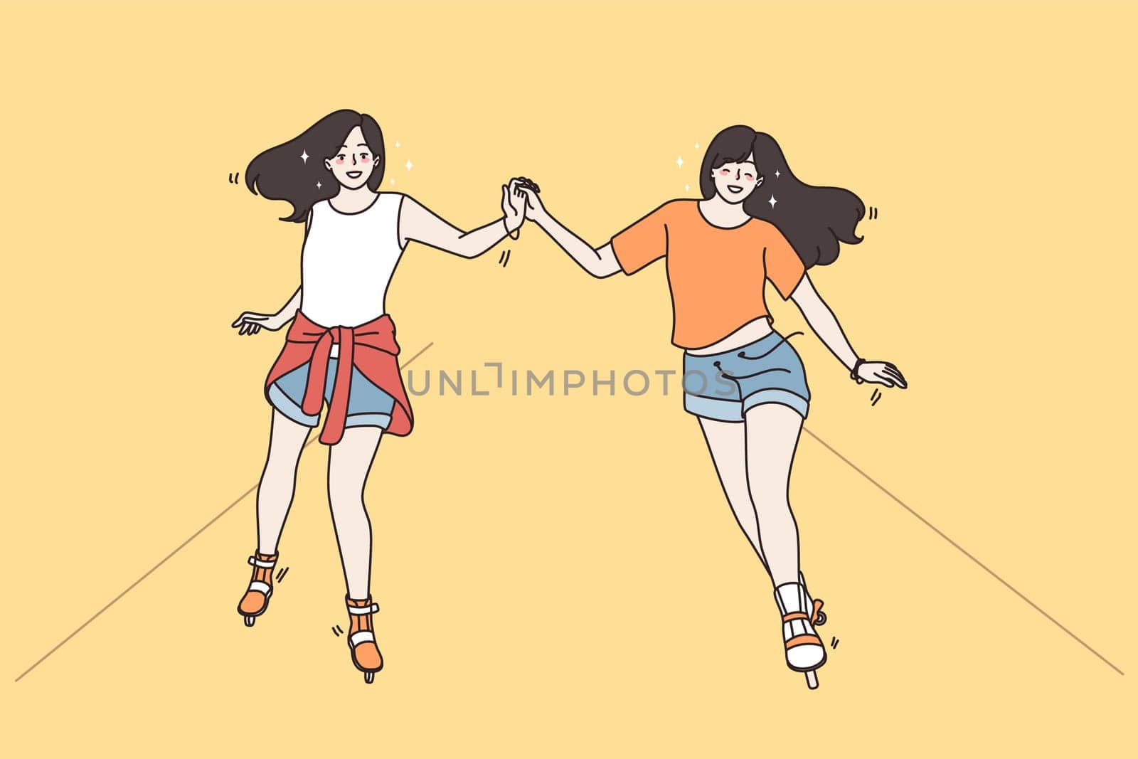 Smiling millennial girls roller skating on streets relax rest on weekend together. Happy young women skaters have active leisure time outdoor. Hobby and sport concept. Flat vector illustration.