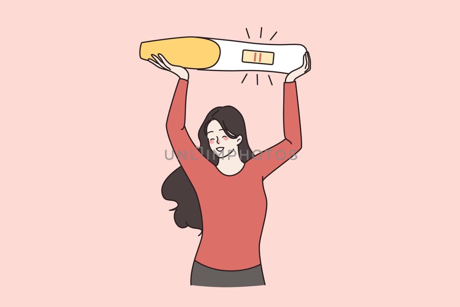 Smiling young woman hold huge pregnancy test excited with future maternity. Happy female overjoyed with being pregnant. IVF treatment, two stripes, fertilization concept. Flat vector illustration.