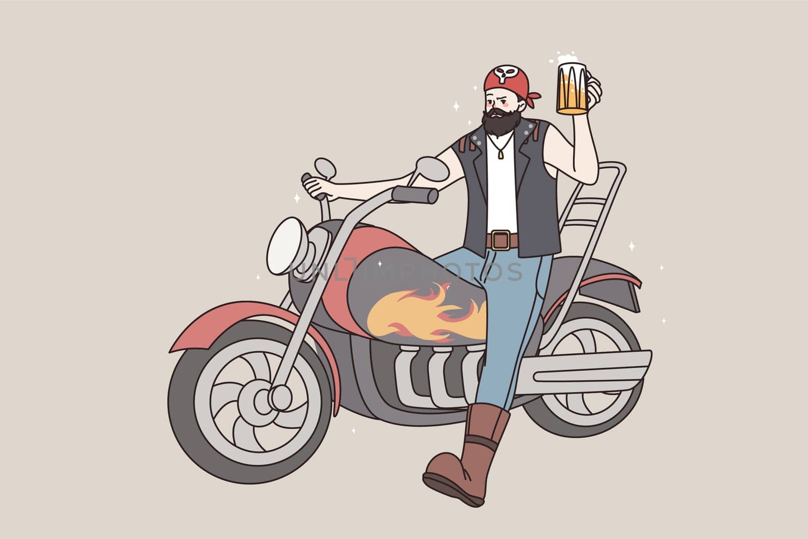 Cool bearded man biker sit on motorcycle drinking beer. Brutal male rocker on motor bike enjoy alcoholic beverage. Subculture, manhood concept. Flat vector illustration, cartoon character.