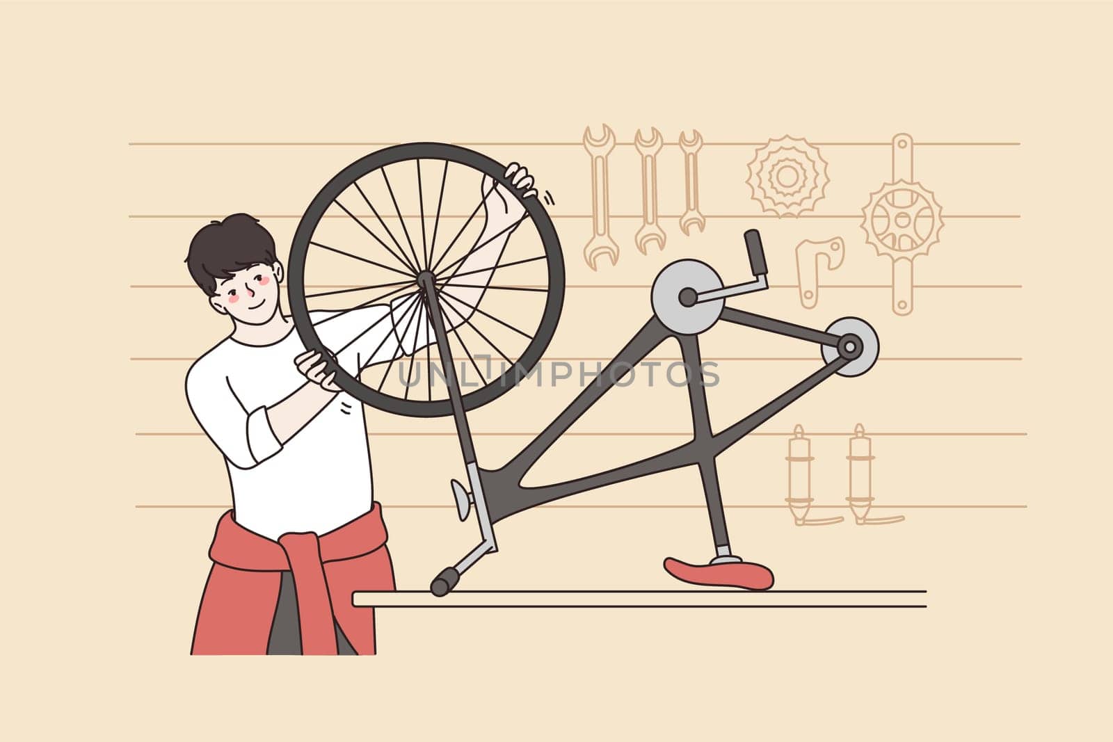 Smiling young man repair bicycle on table in garage or workshop. Happy guy mechanic fixing bike in shop. Small business or entrepreneur, good service concept. Flat vector illustration.