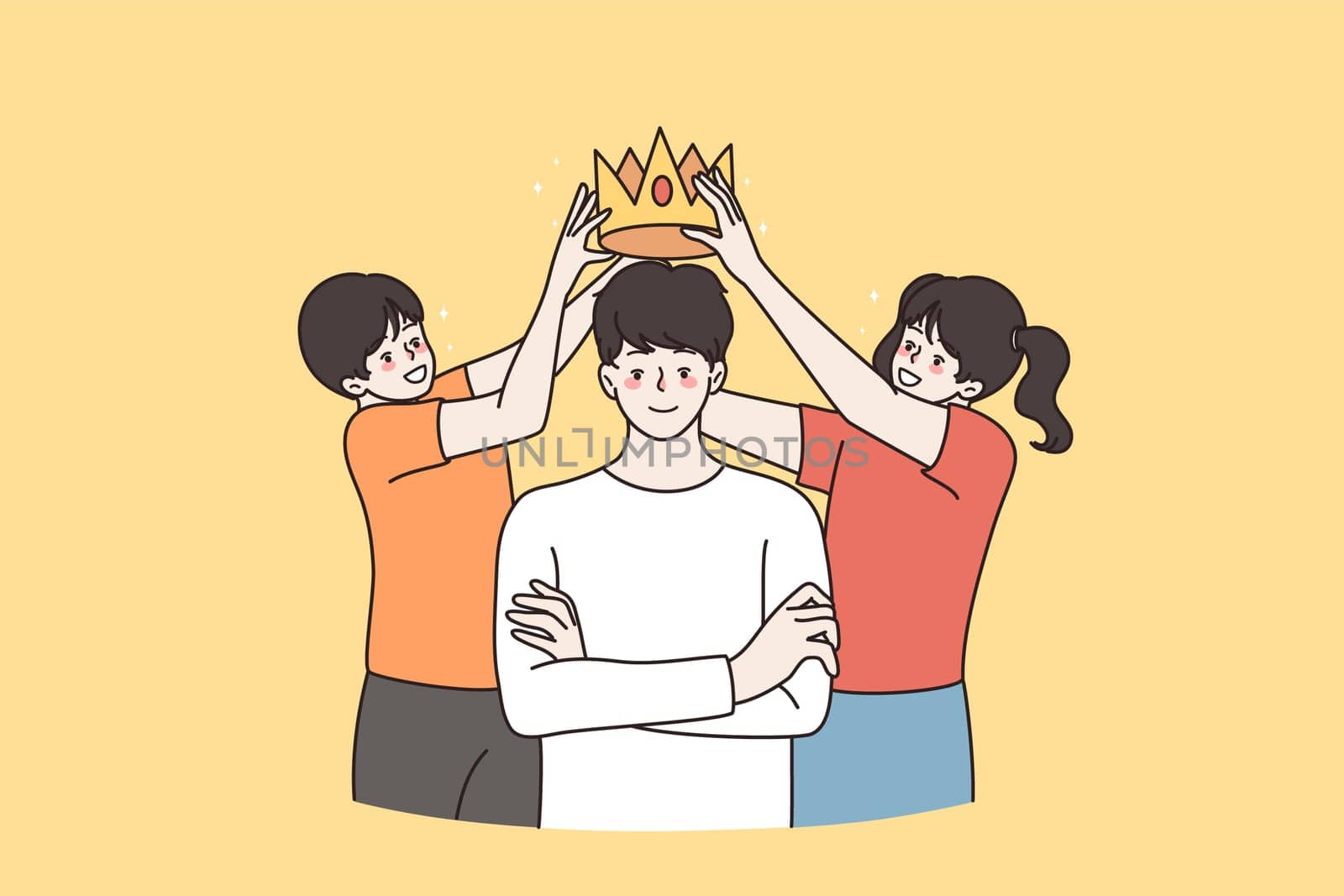Happy kids put crown on loving father head