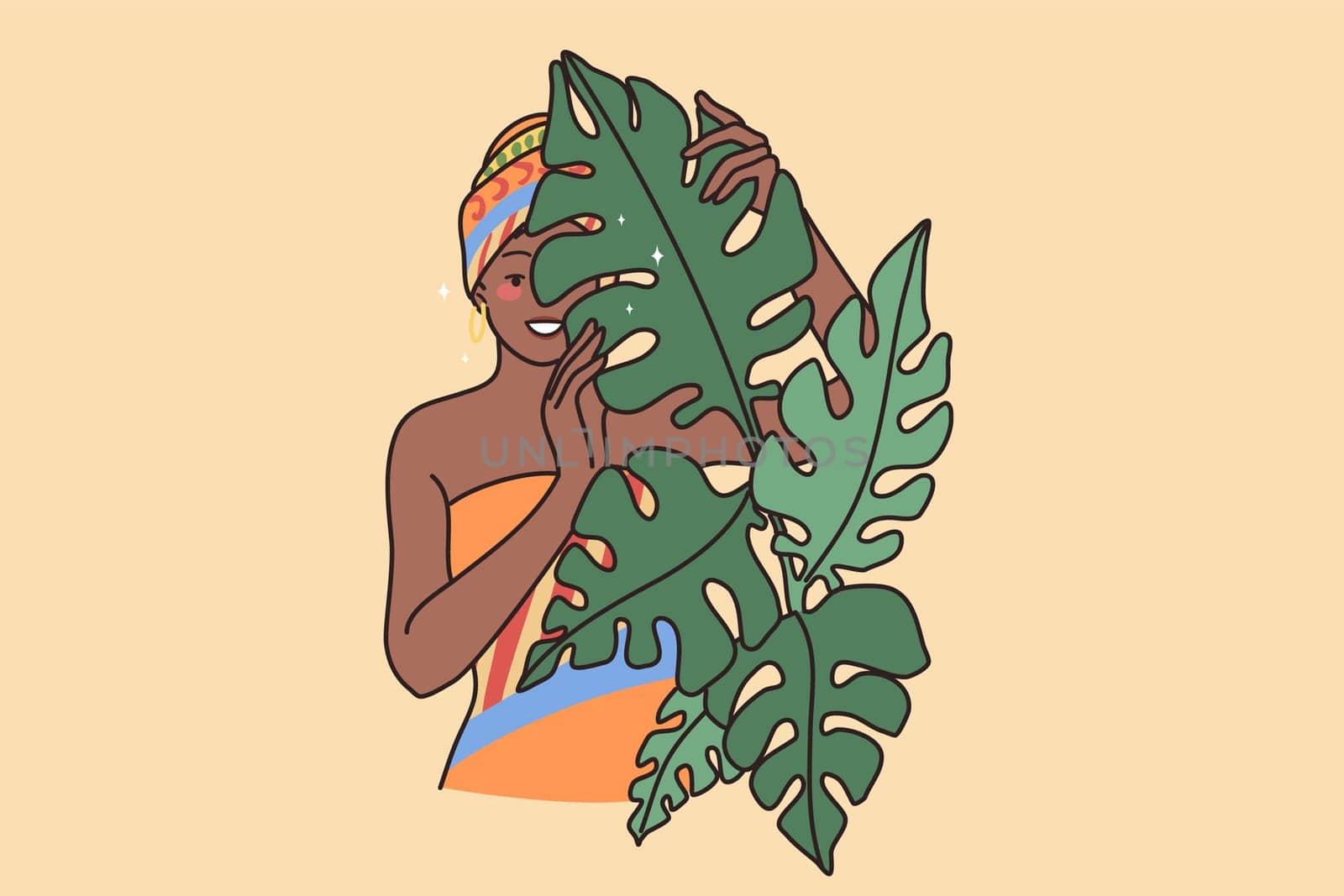 Young smiling African American woman in traditional clothes and turban. Happy black girl with scarf on head look behind leaves trees. Ethnicity and diversity concept. Flat vector illustration.