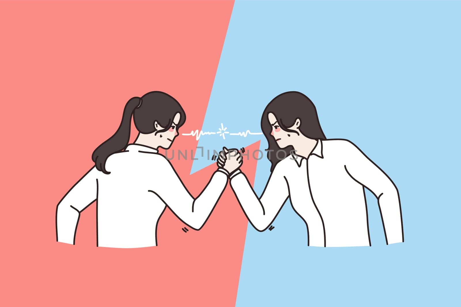 Aggressive mad women rivals have arm wrestling match. Furious decisive female opponents employees fight for leadership show power. Armwrestling, competition concept. Vector illustration.