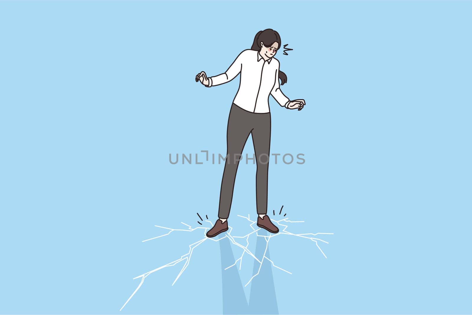 Anxious stressed businesswoman walk on thin ice risk in company deal or offer. Worried woman employee take risky decision, unsure doubtful. Cartoon character, flat vector illustration.