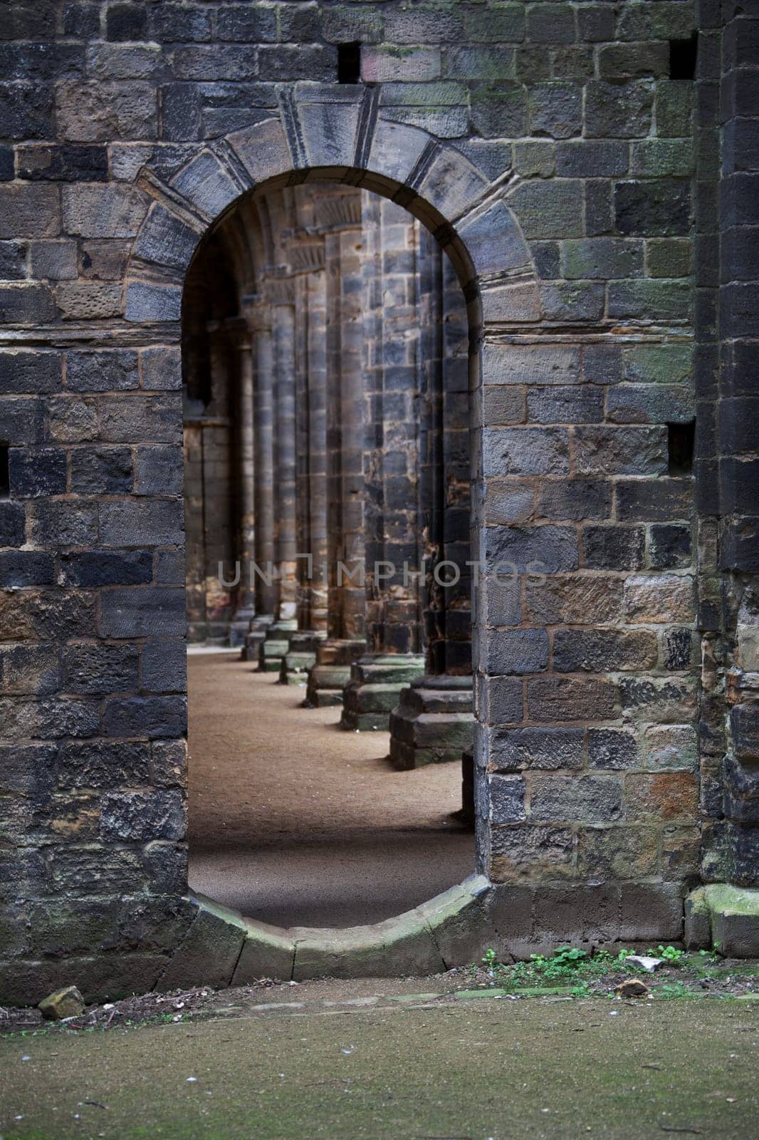 A doorway leading to gothic cloisters dark moody scene