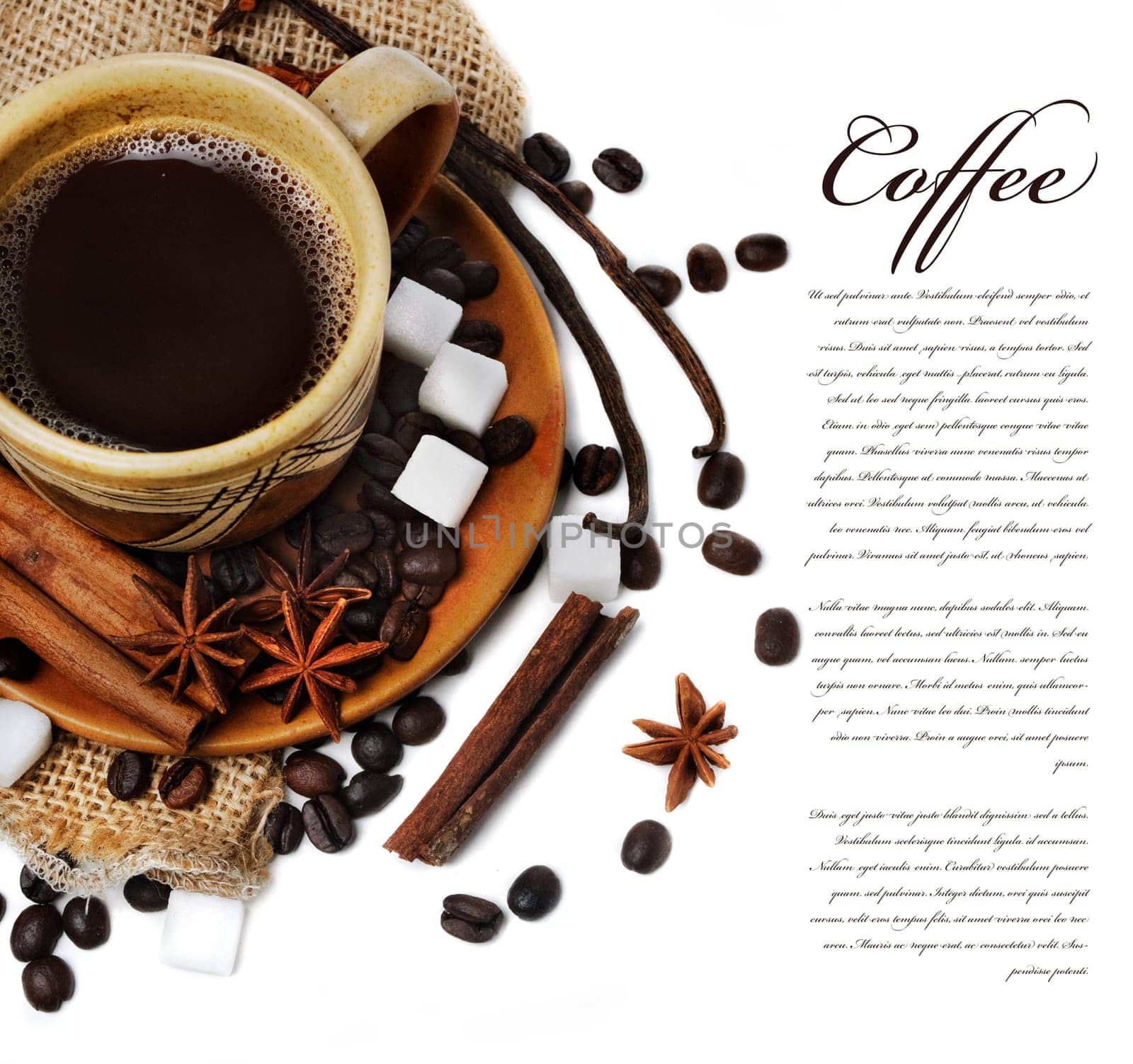 Coffee cup with vanilla, cinnamon, anise seed and sugar