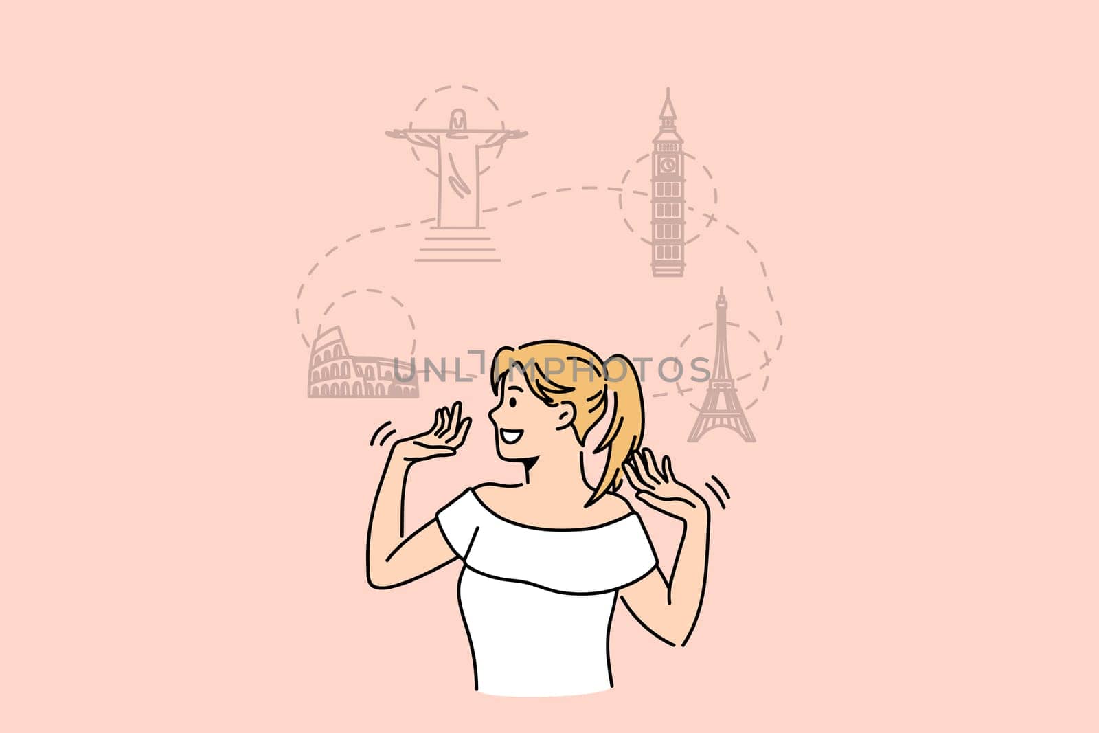 Traveling and dreaming of vacations concept. Young smiling blonde woman cartoon character standing dreaming of trip to Rome Rio London and Paris vector illustration