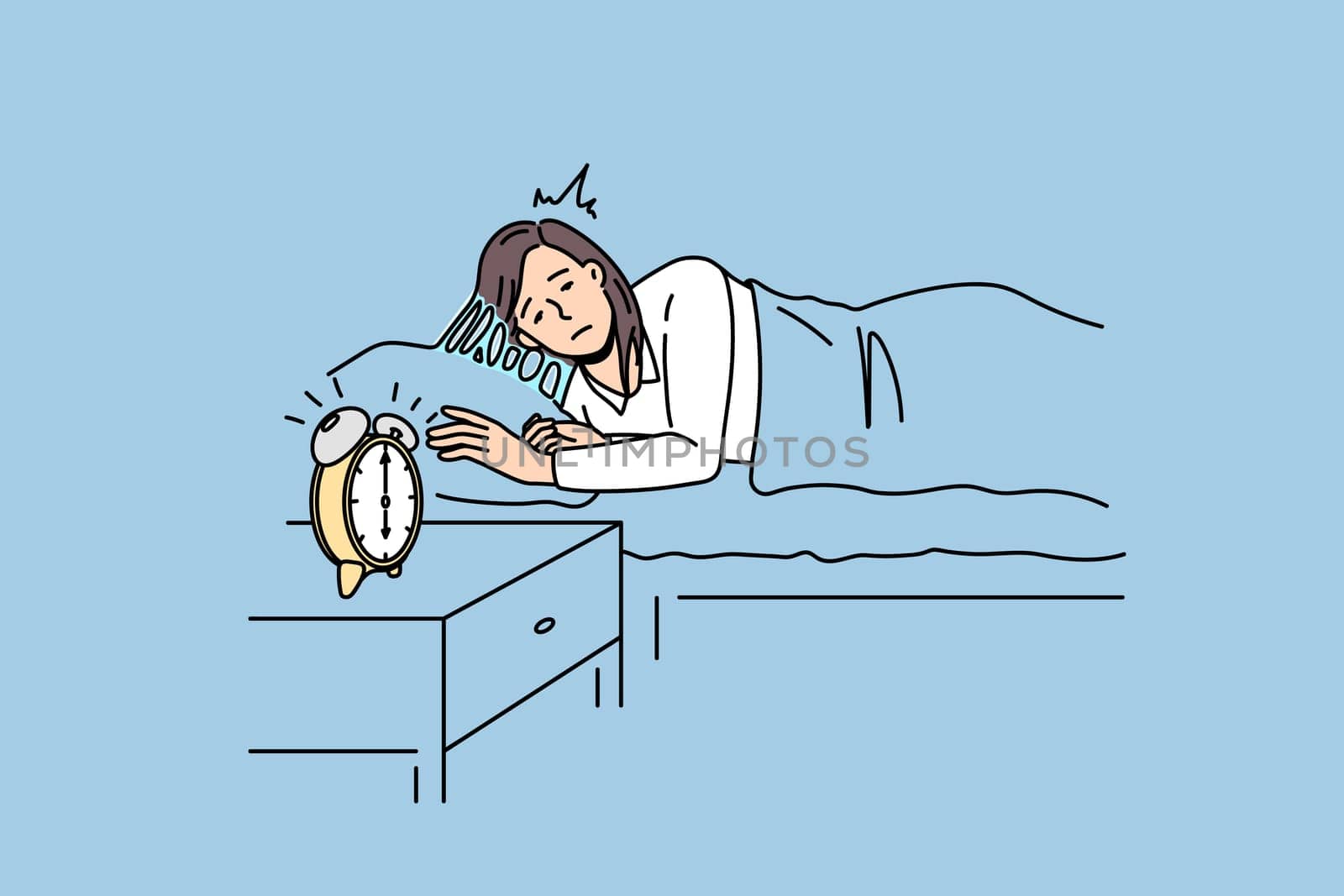 Feeling sleepy and alarm clock concept. Young sleepy woman staying in bed trying to wale up with alarm clock beats at six in morning vector illustration