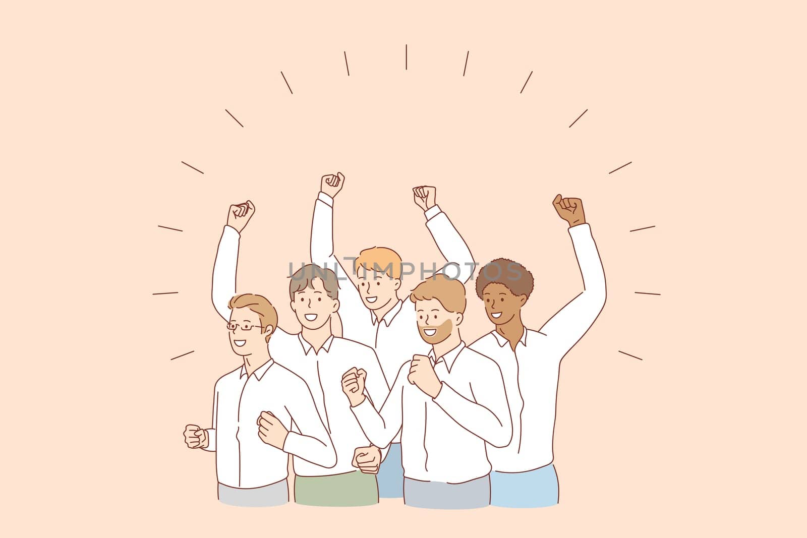 Mixed race team and success concept. Group of young men colleagues worker of various ethnicities standing celebrating success together vector illustration
