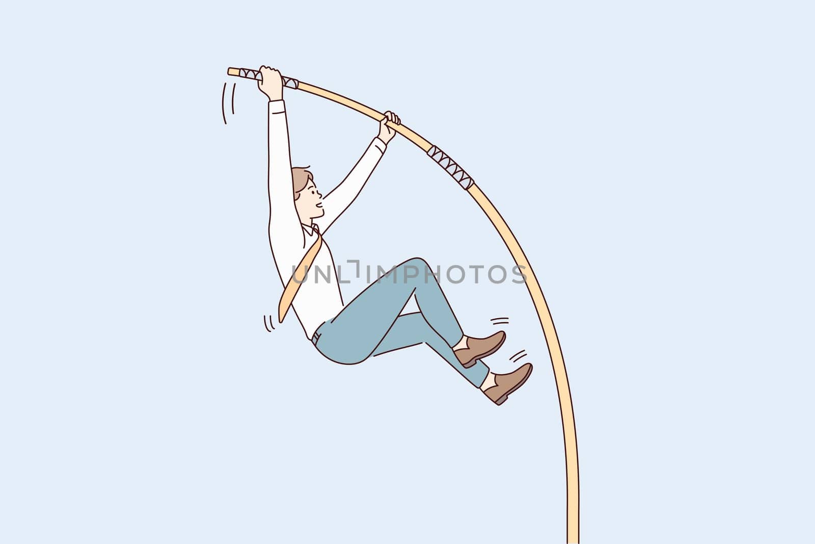 Business challenge and confidence concept. Young smiling businessman cartoon character jumping with stick to achieve goal vector illustration