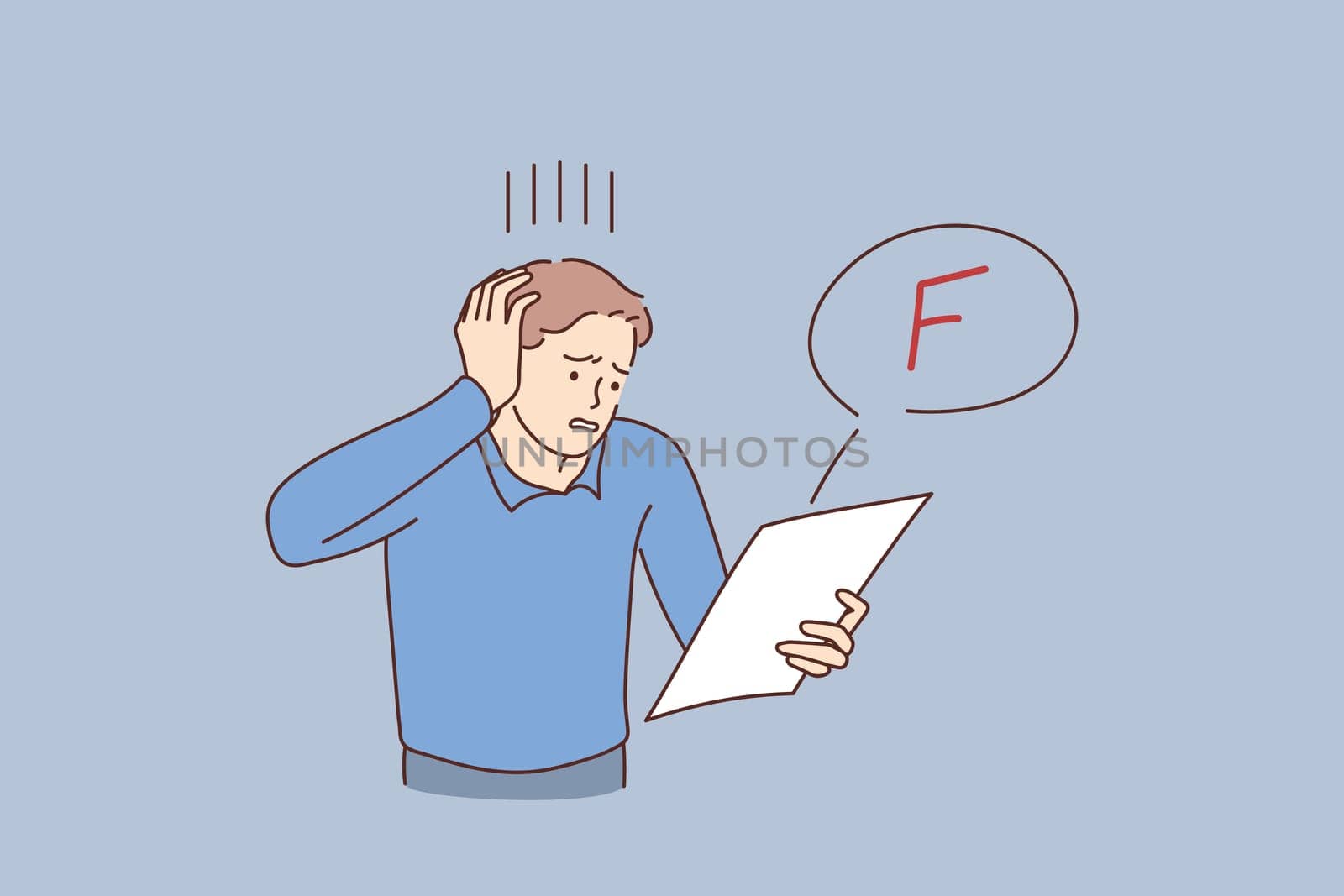 Having bad mark in education concept. Young stressed student standing touching head feeling unhappy having bad mark in exam vector illustration