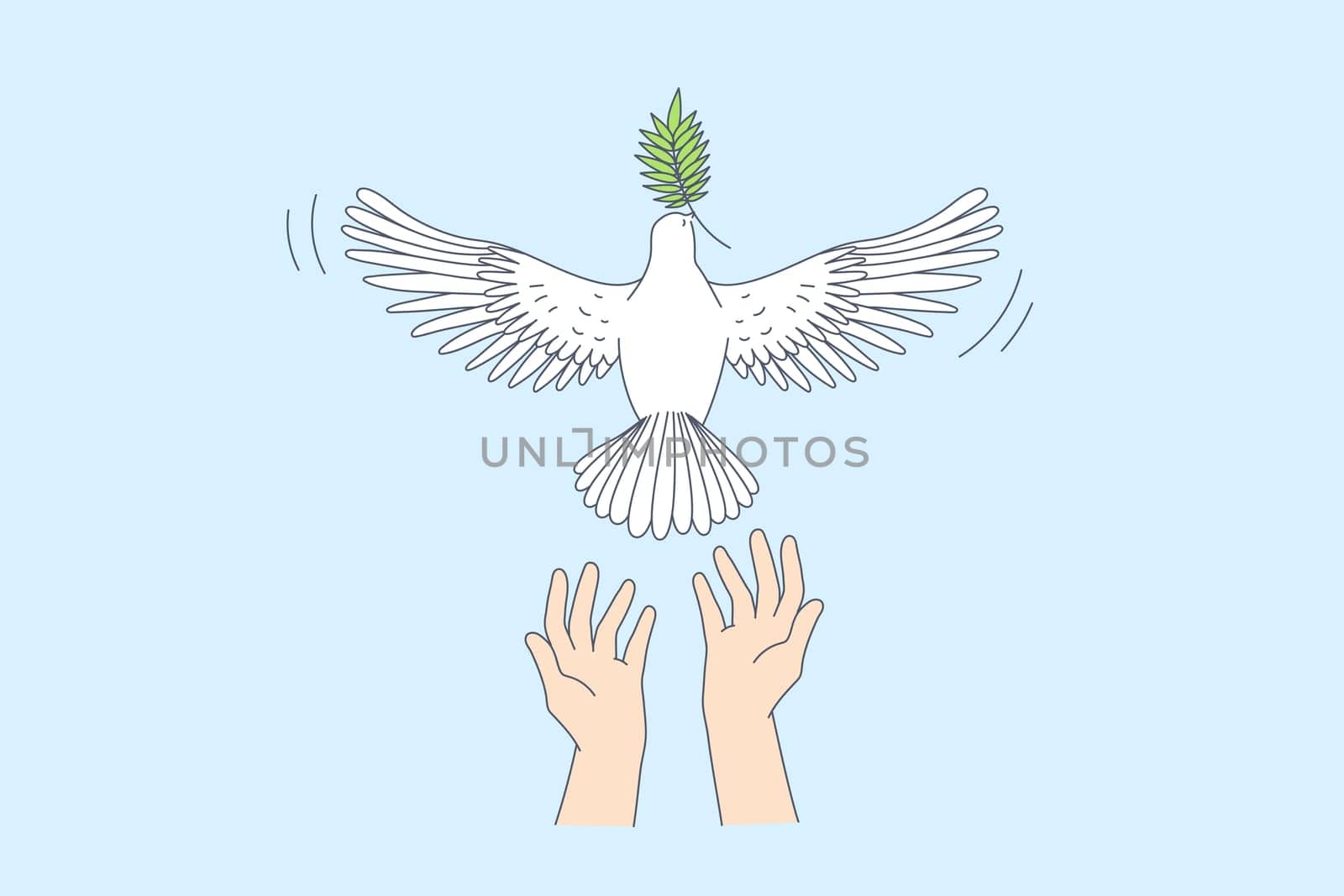 Freedom and releasing good news concept. Human hands letting white pigeon with green leaf in beak go over blue sky background vector illustration