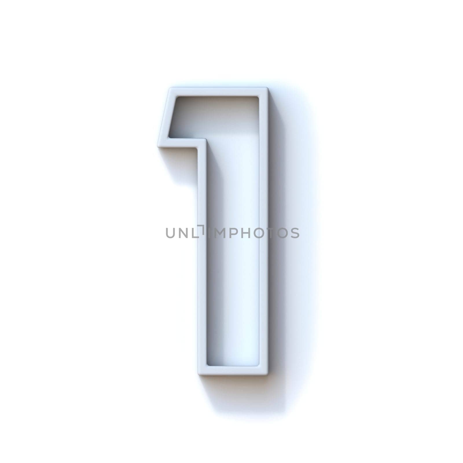 Grey extruded outlined font with shadow Number 1 ONE 3D rendering illustration isolated on white background