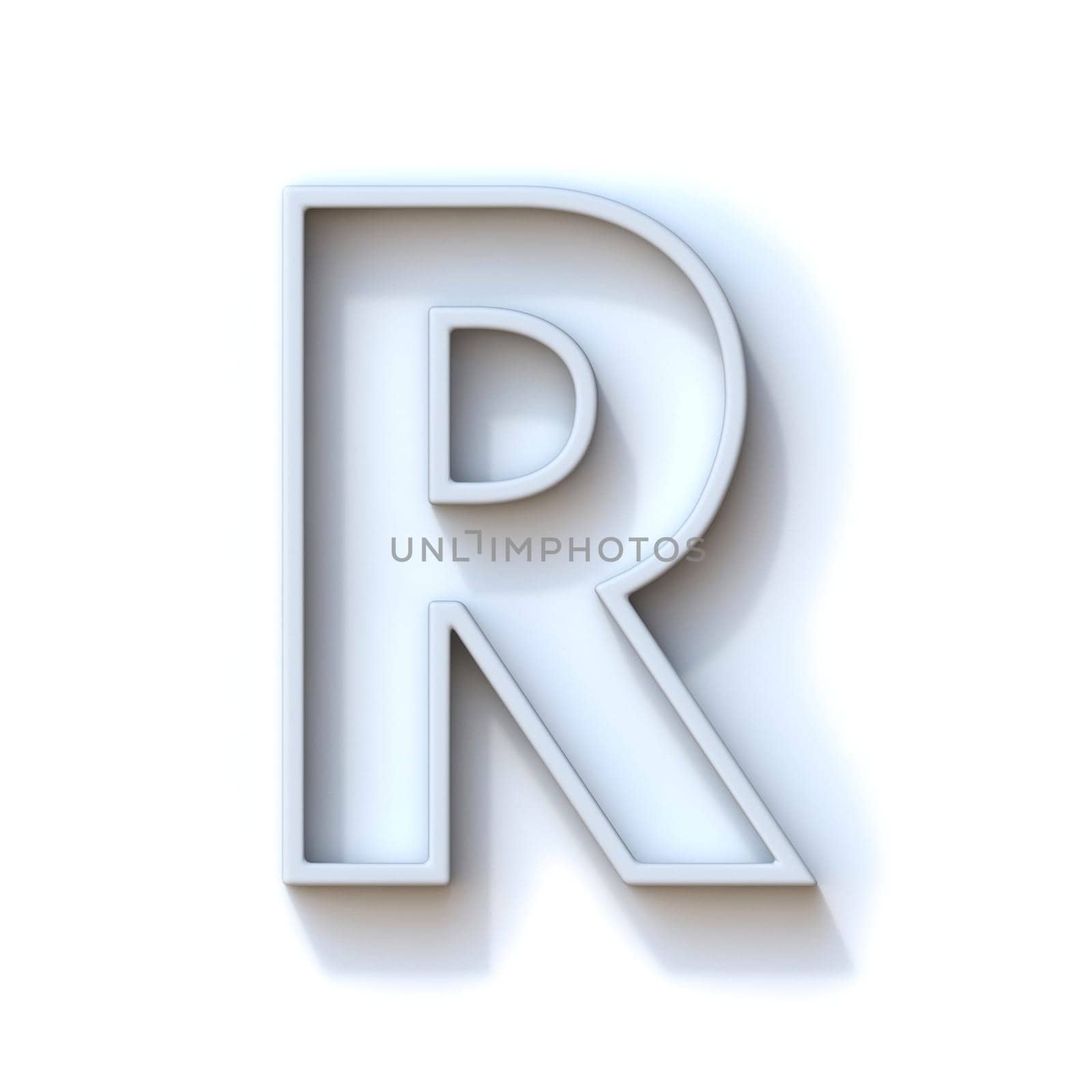 Grey extruded outlined font with shadow Letter R 3D rendering illustration isolated on white background