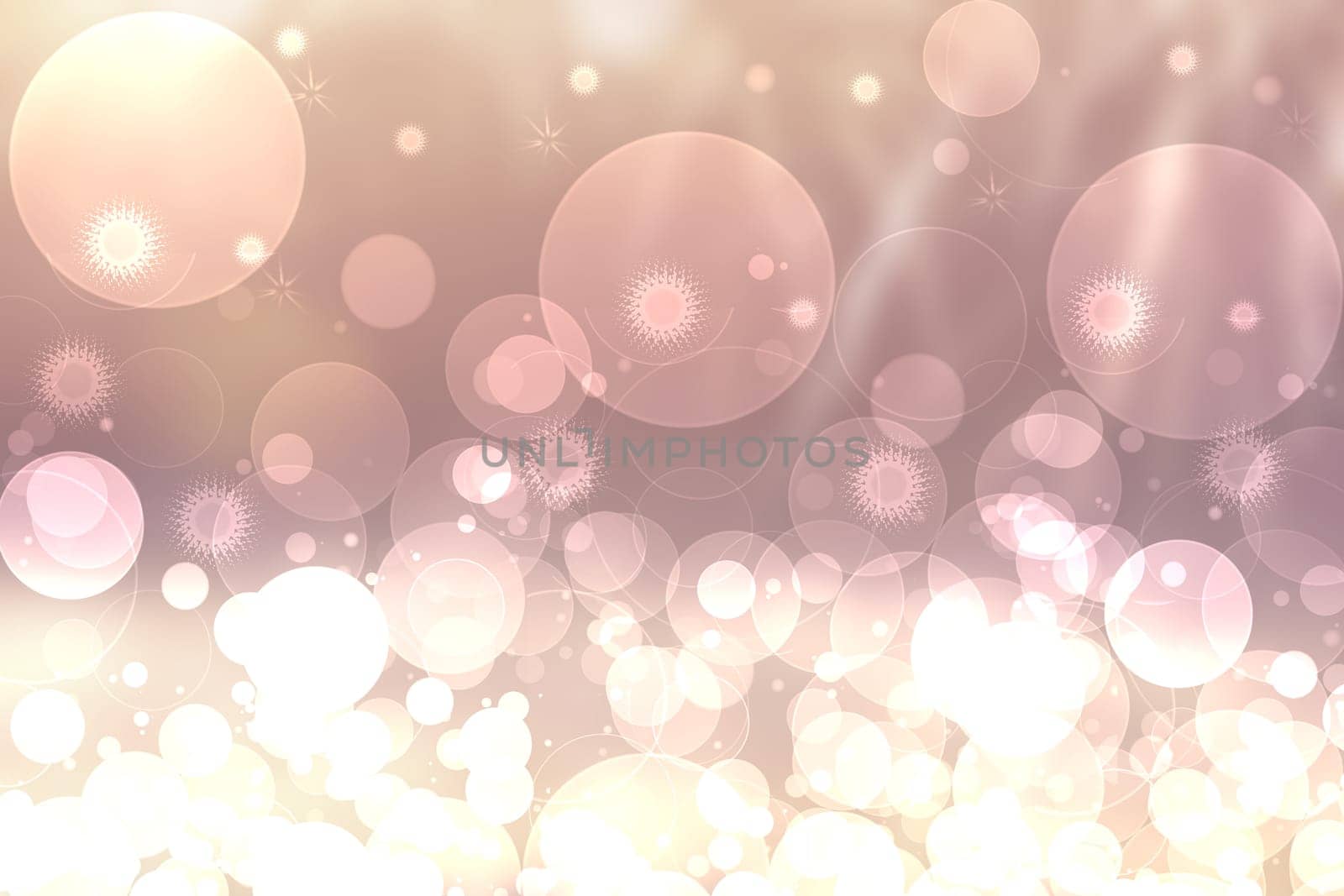 A festive abstract gradient pink yellow background texture with glitter defocused sparkle bokeh circles and stars. Card concept for Happy New Year, party invitation, valentine or other holidays.