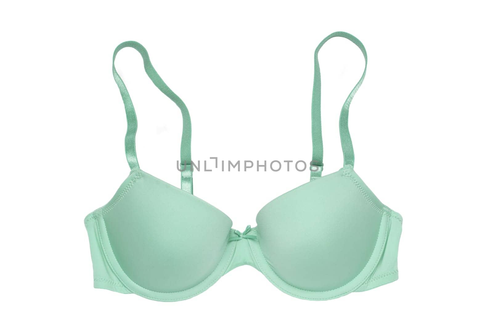 Bra isolated. Closeup of beautiful female stylish turquoise green bra with straps isolated on a white background. Fashionable women underwear.