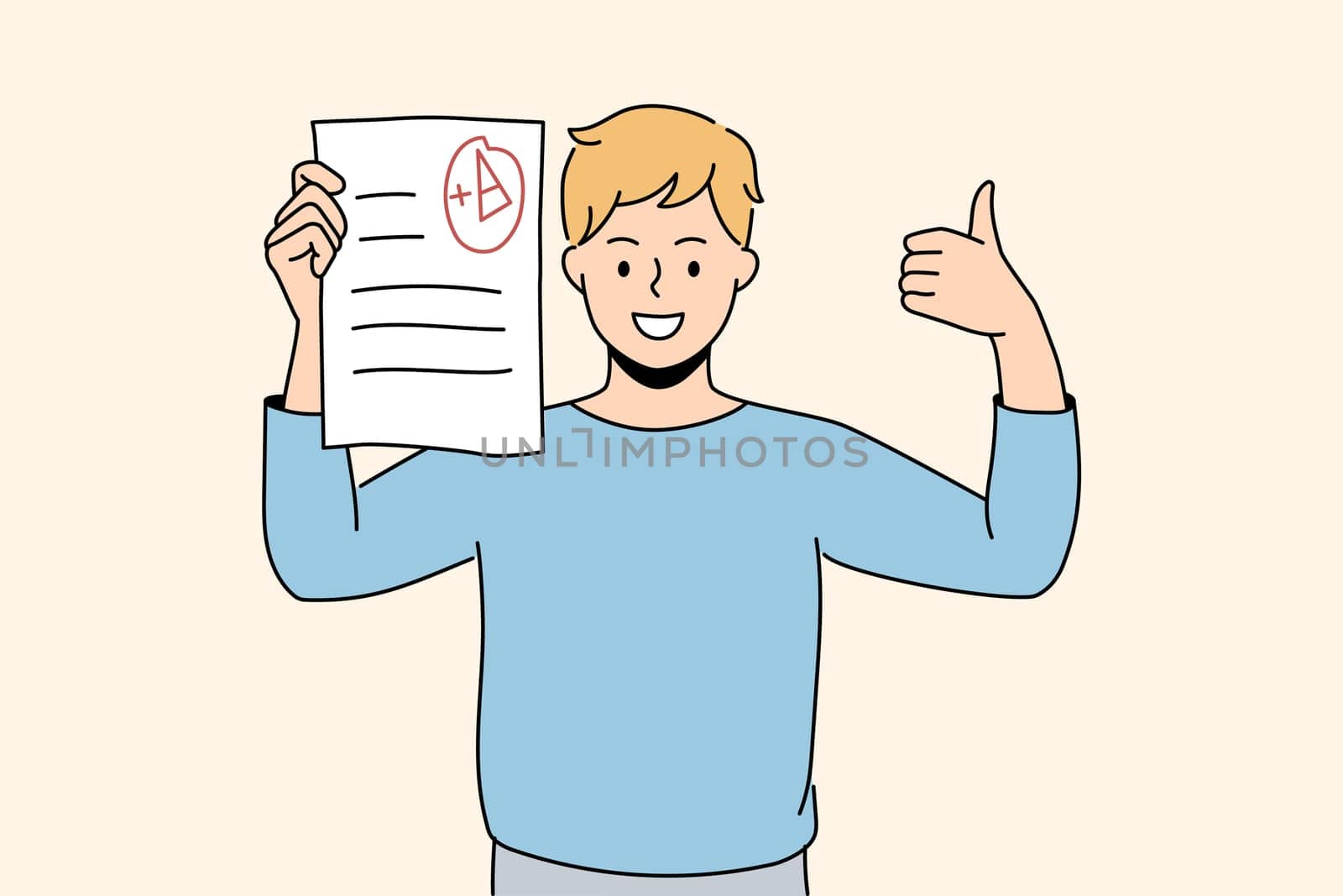 Success in education and learning concept. Smiling boy schoolboy pupil standing holding educational exam with excellent result in hands feeling cheerful vector illustration