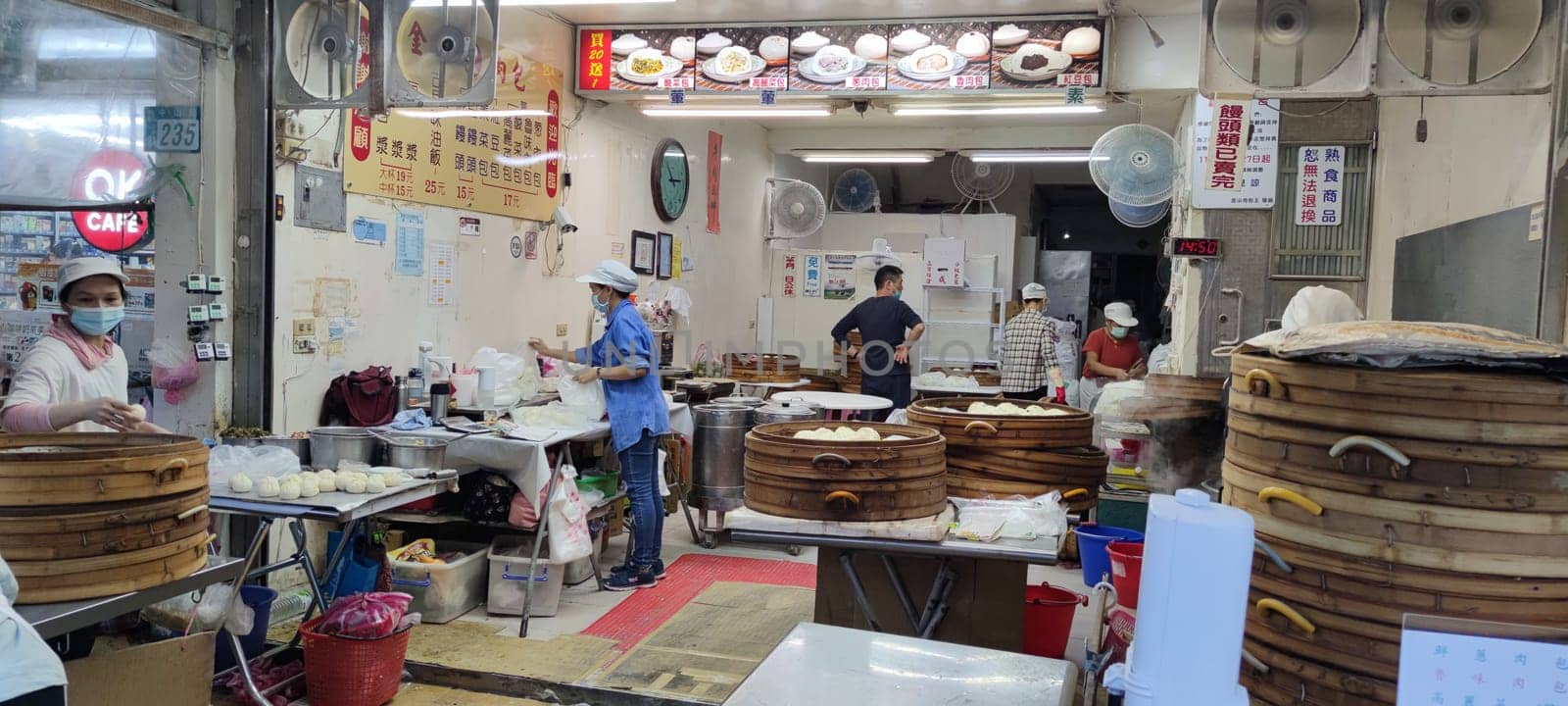 Jinshan Roubao, Taiwan-Nov, 4 2021: Spike Jinshanwang Roubao, hand-made steamed buns lined up in Jinshan Old Street, New Taipei City, Taiwan