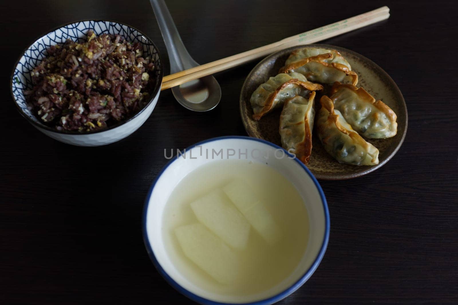 Fried dumplings or  " Gyoza "" with Garlic Prawn Fried Rice and soup set meal"