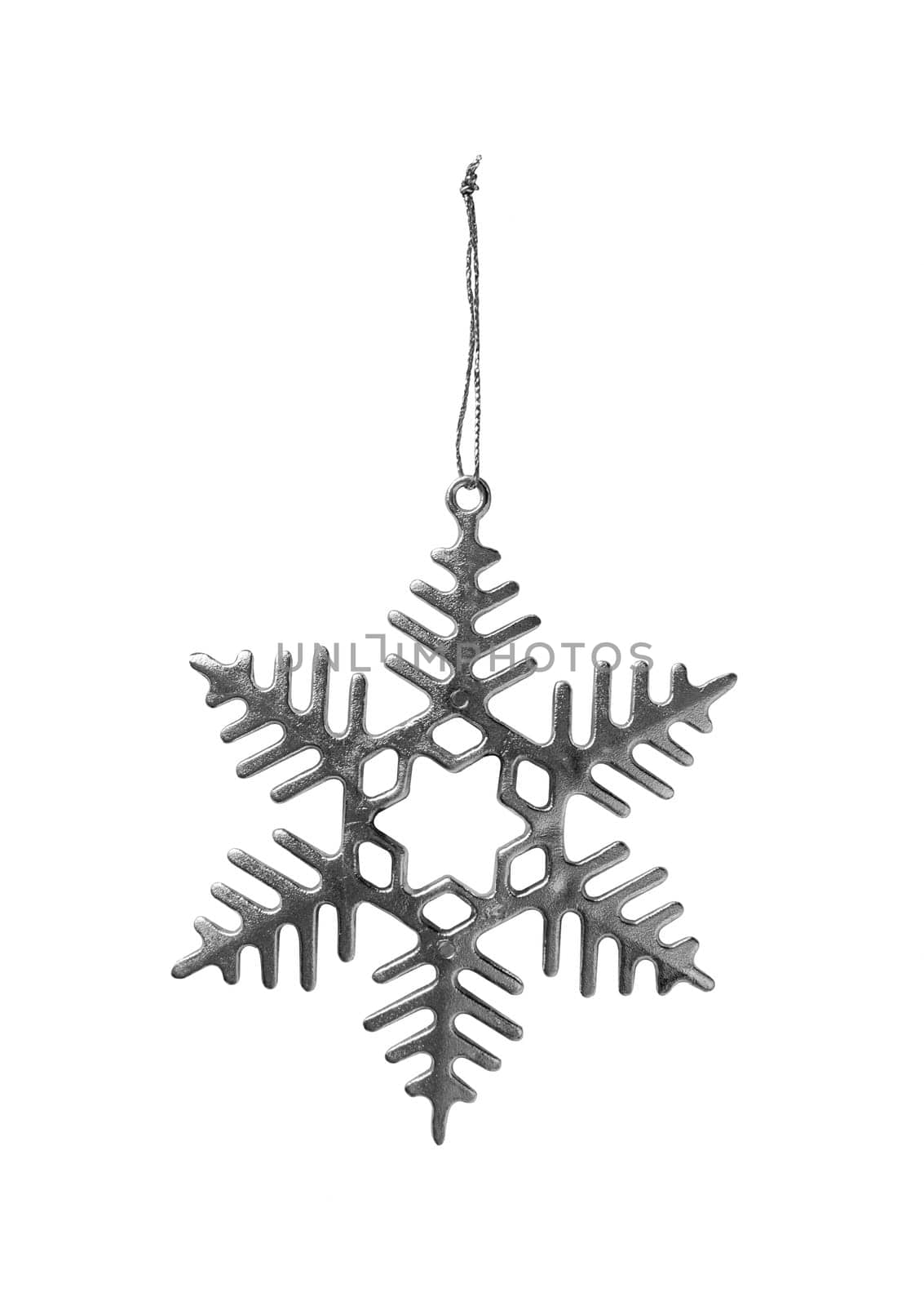 Christmas silver decorative snowflake hanging on silver glittering string isolated on white background