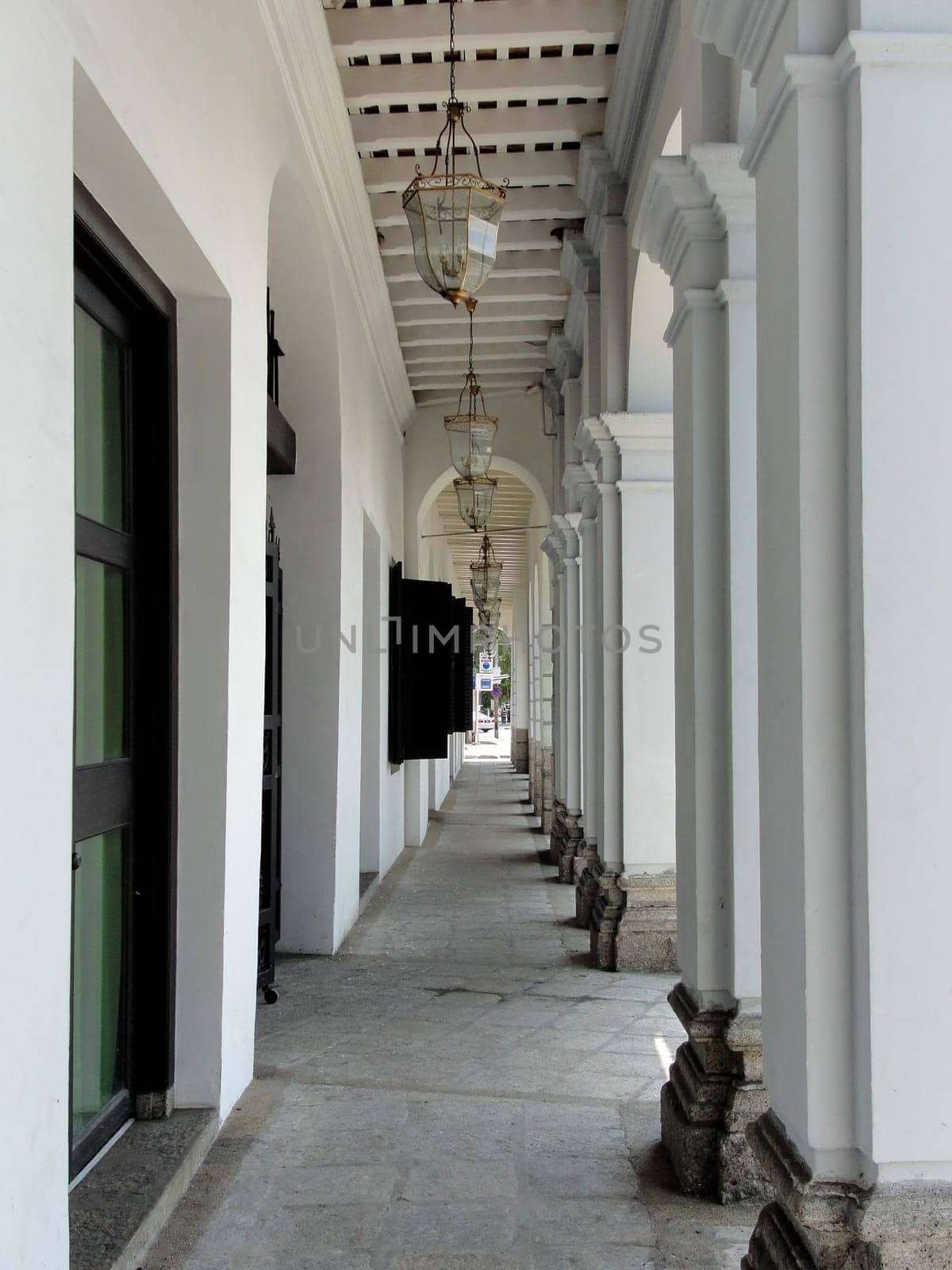 Vintage building with a Sino-Portuguese inspired front porch, Georgetown, Penang, Malaysia, perspective