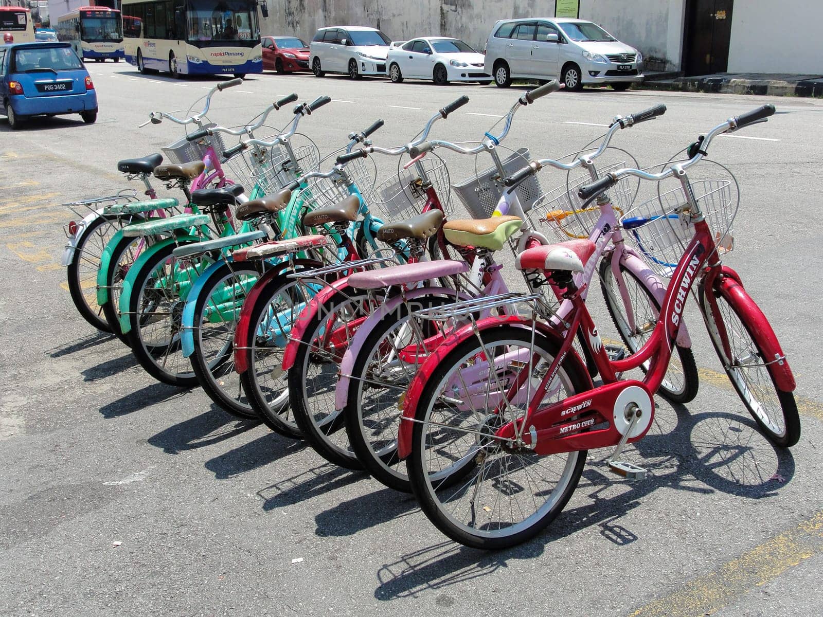 Multi-colored bike parking, Georgetown city, Penang Malaysia, perspective