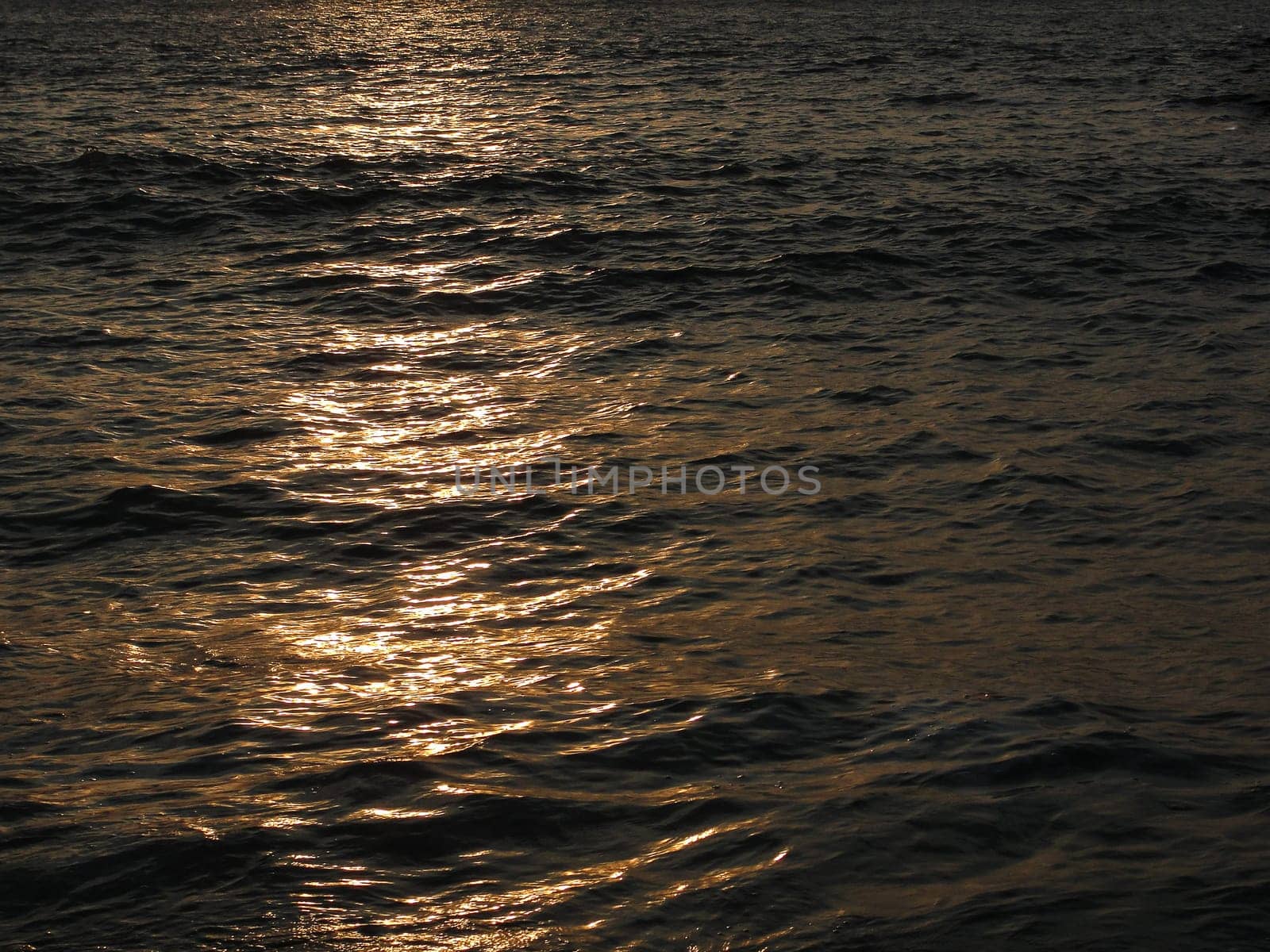 Background texture of sea water at sunset, reflection, light, waves, copy space, summer photo background