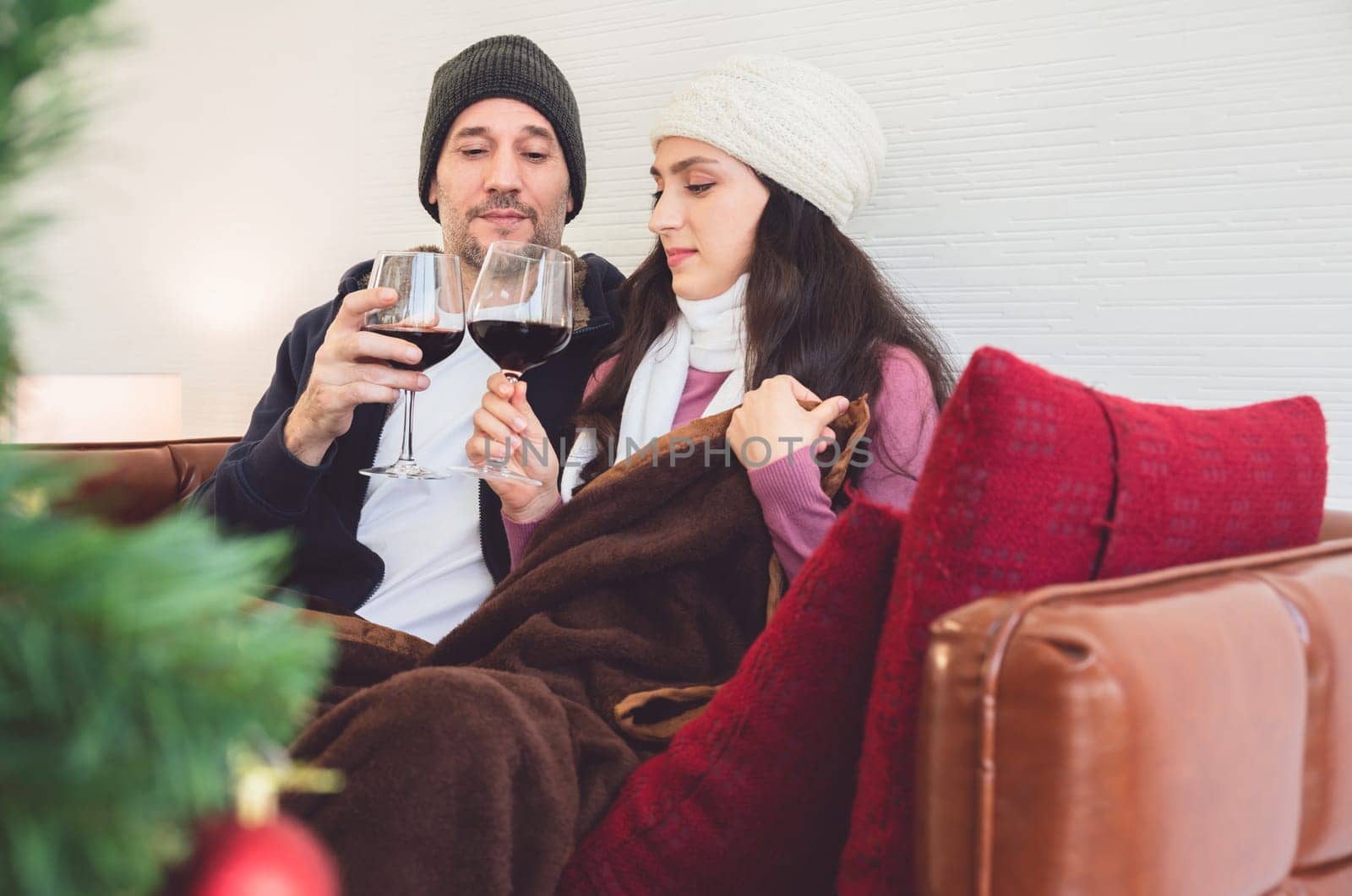 Smiling lovers sitting on sofa and clinking glasses of red wine in living room. Romantic winter holiday and Christmas eve together concept