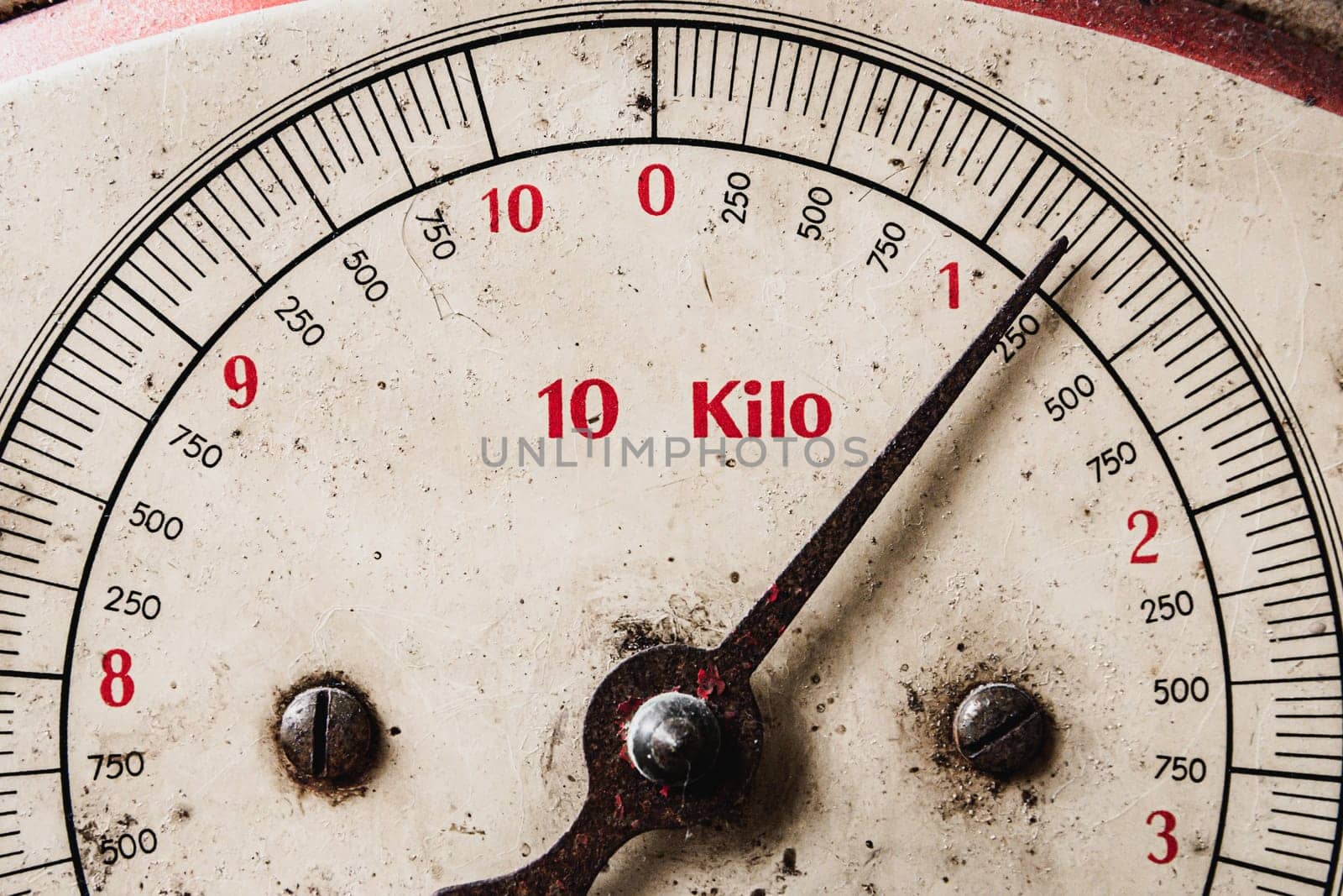Close-up shot of retro and vintage scale or balance indicating weight in kilo.