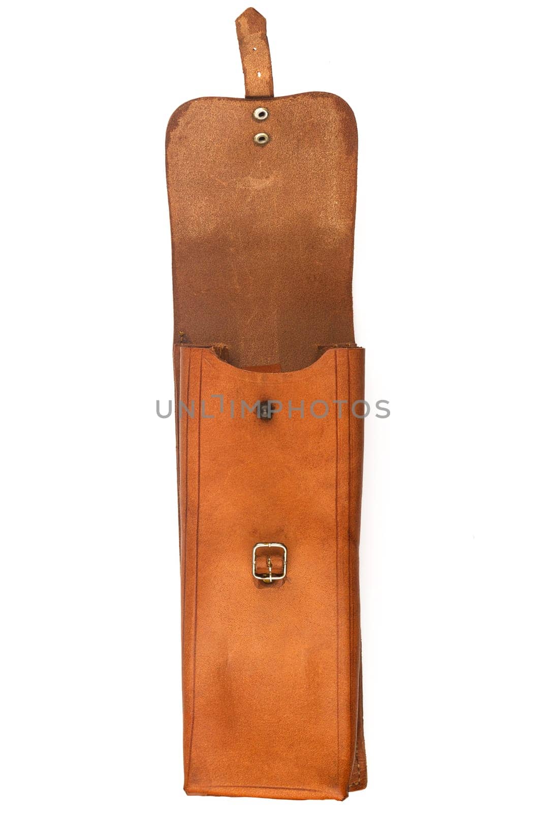 front view closeup of open handmade vintage brown leather satchel pouch with rough weathered texture and metallic buckle isolated on white background