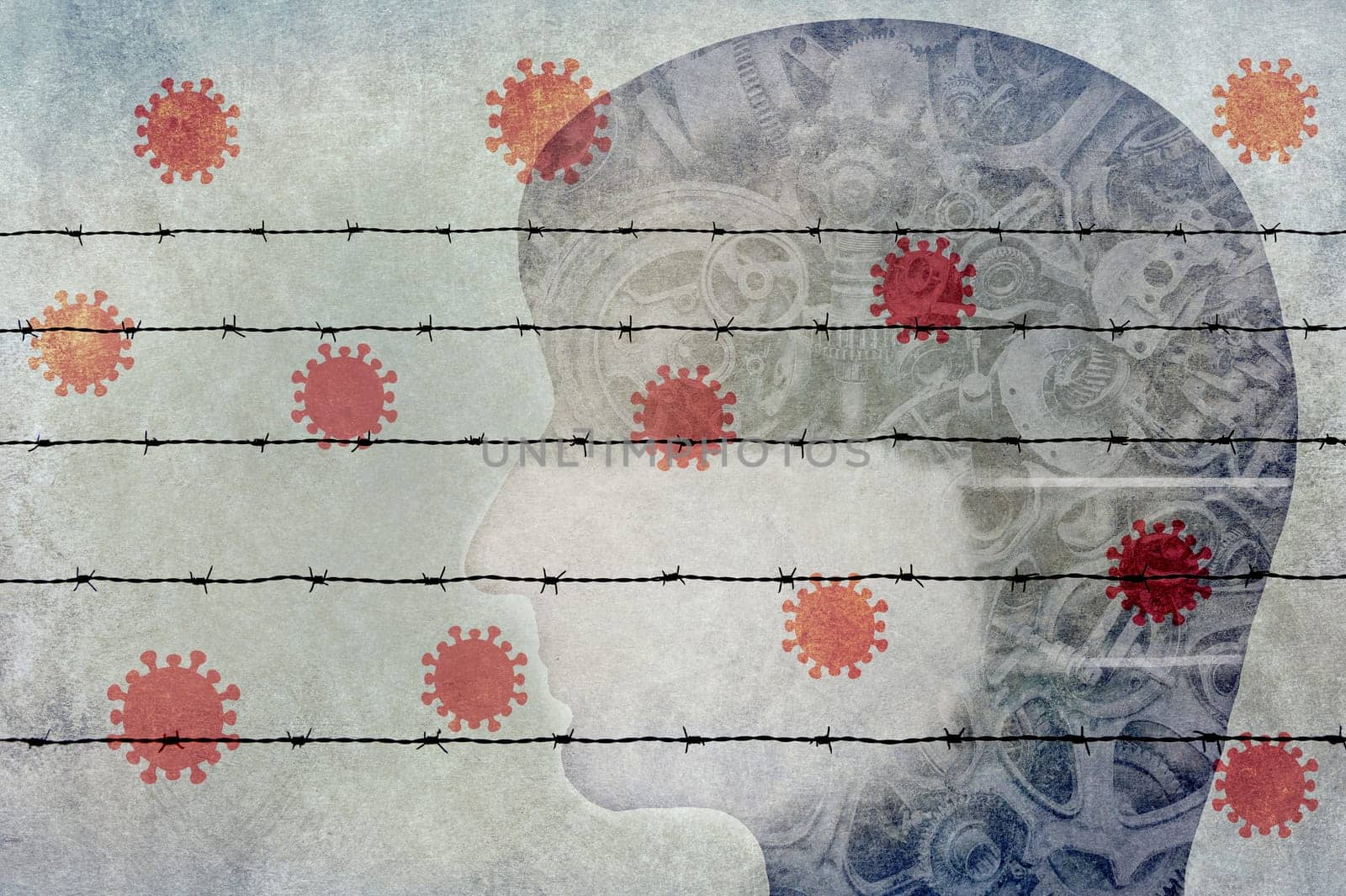 Silhouette of a human head wearing a mask, red colored covid-19 virus, infected, quarantine,health issues