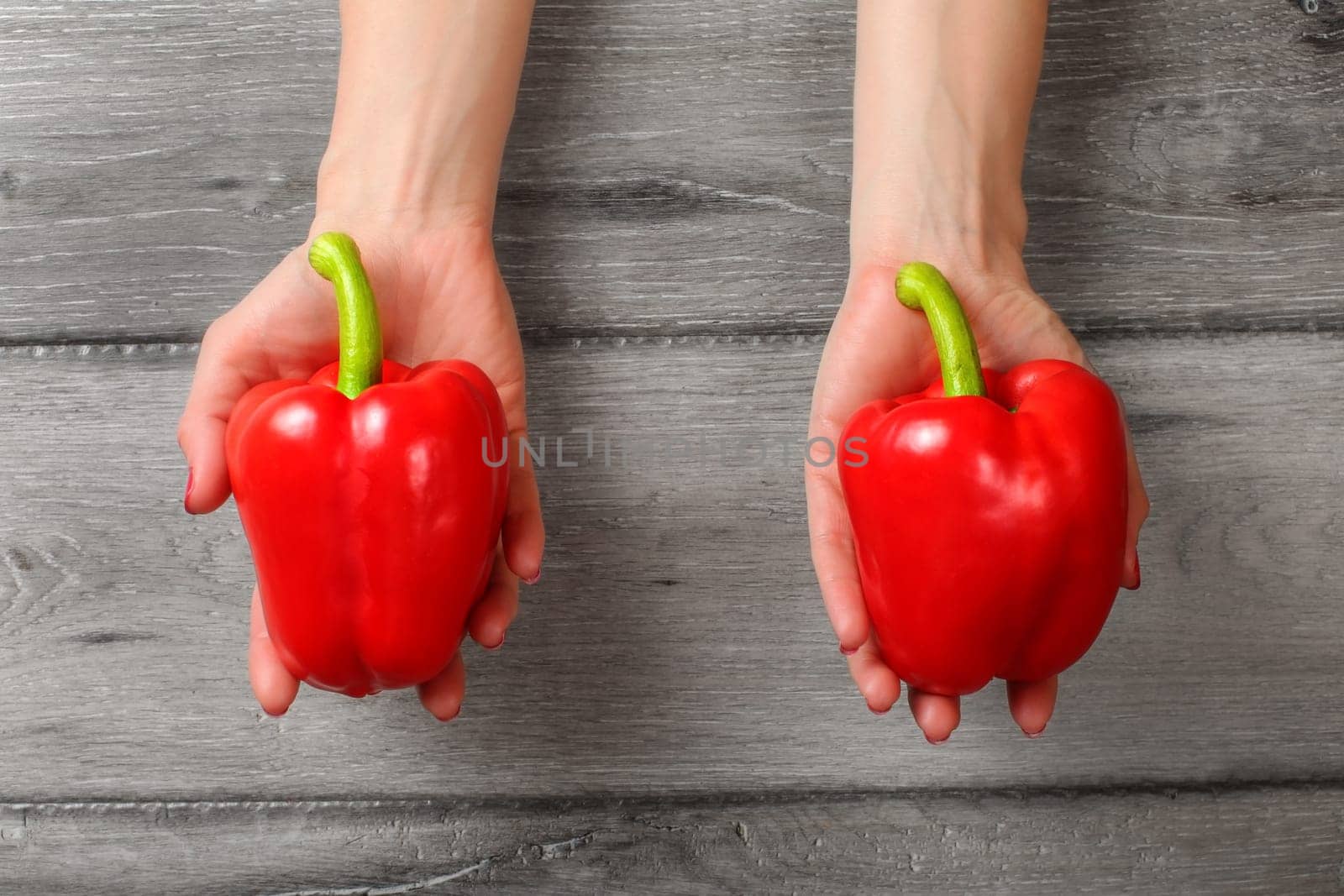 Top view on woman hands holding two red bell peppers over gray wood desk.