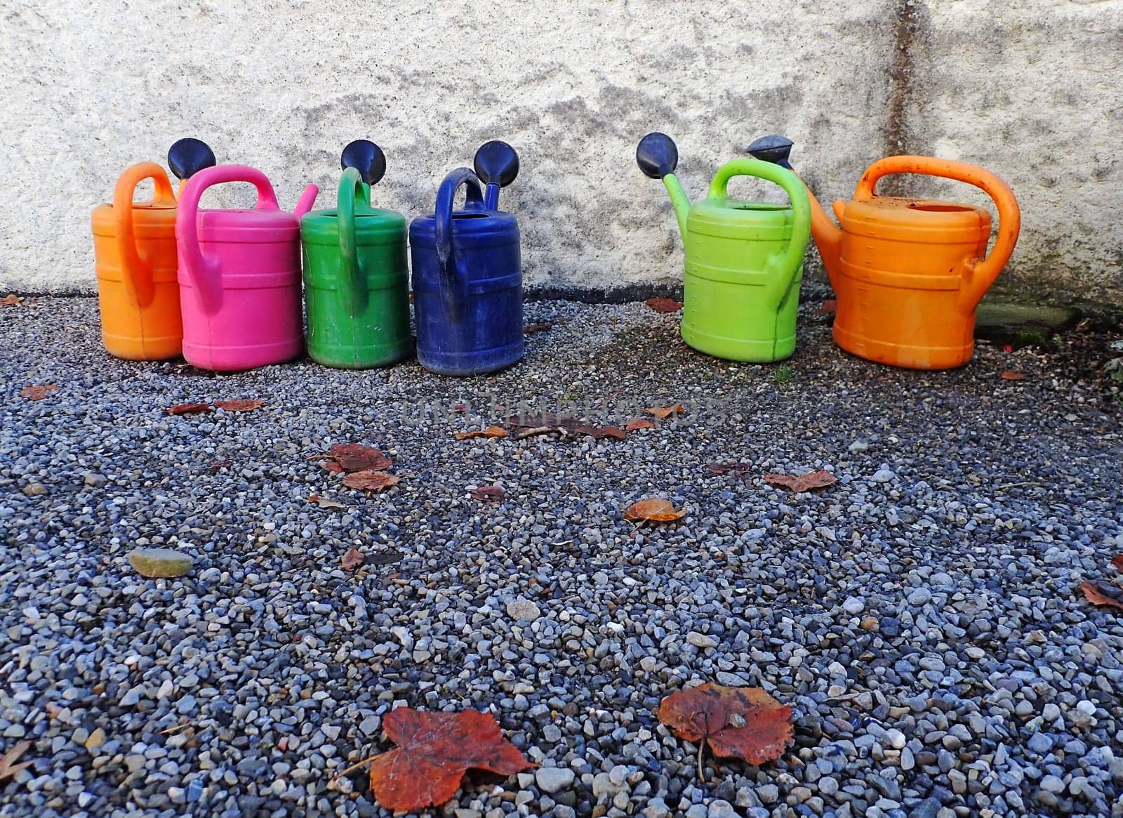 Six colorful watering cans stand in a row on the ground in autumn