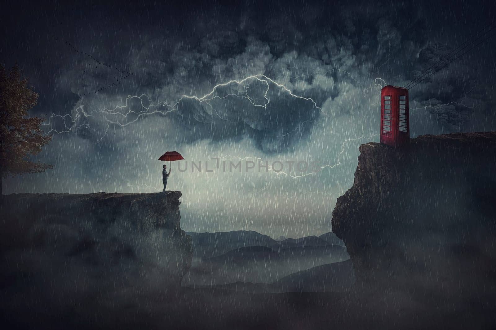 Person with an umbrella under the storm, stands on the edge of a cliff, need to pass the over side of precipice to reach a red phone booth. Fantastic scene, adventure journey, purpose and goal concept
