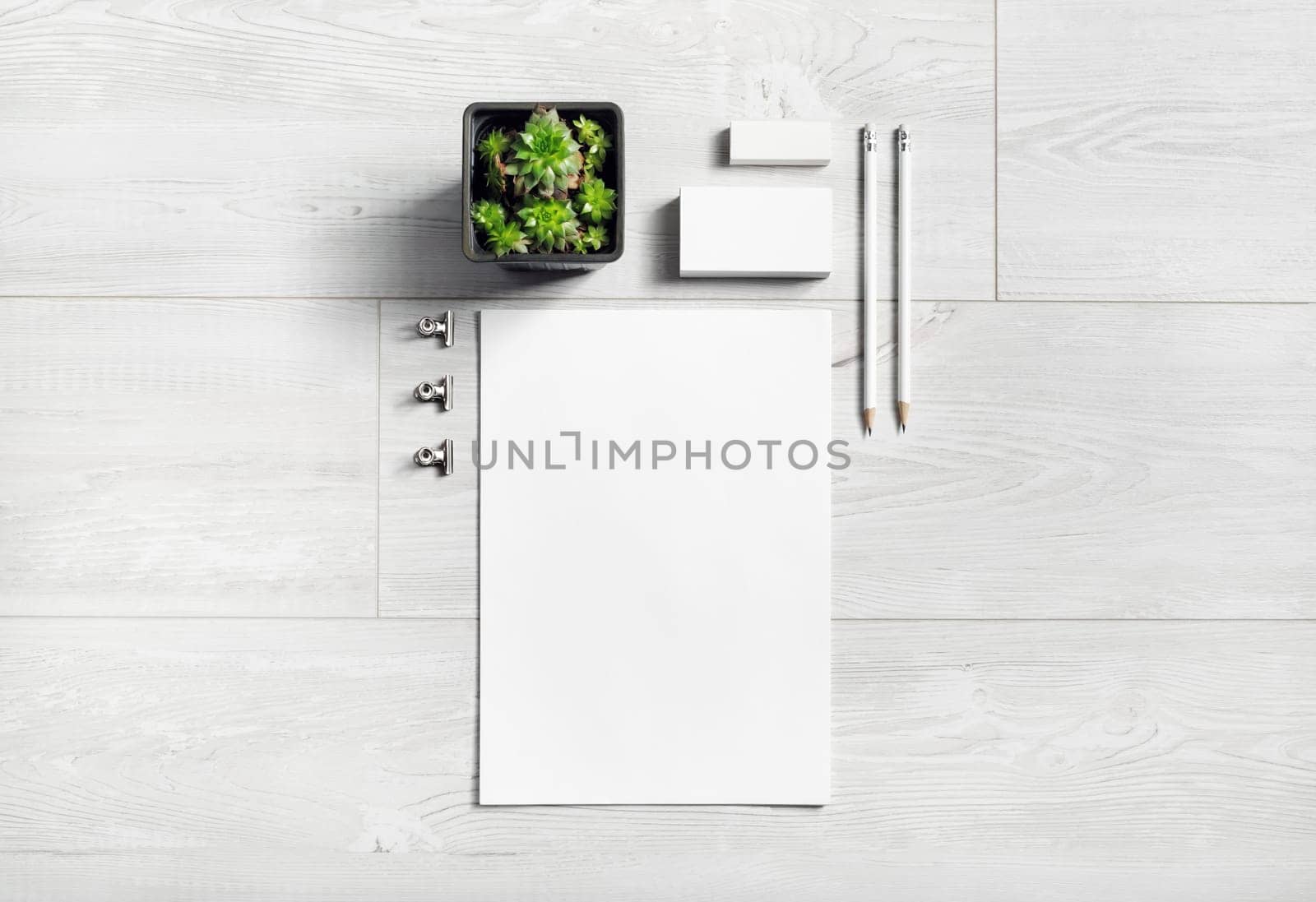 Corporate identity mockup. Blank stationery set on wooden background. Responsive design template. Flat lay.