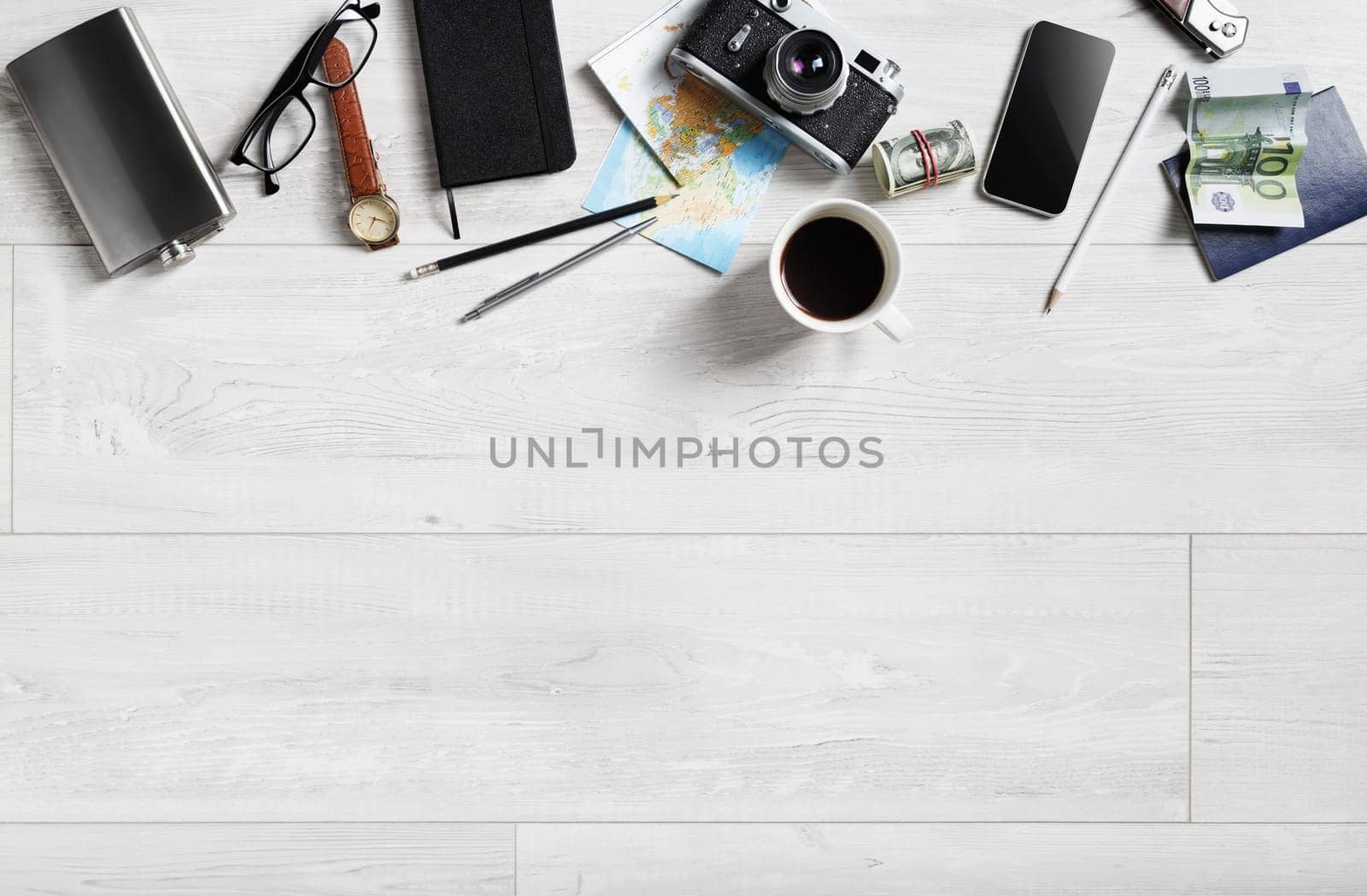 Travel concept background. Overhead view of travelers accessories. Copy space for your text. Flat lay.