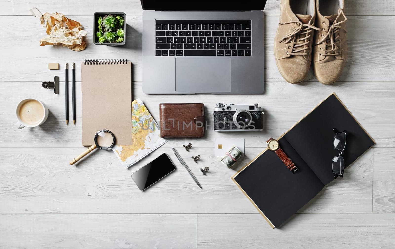 Stuff for travel. Ready for trip. Tourist essentials. Flat lay.
