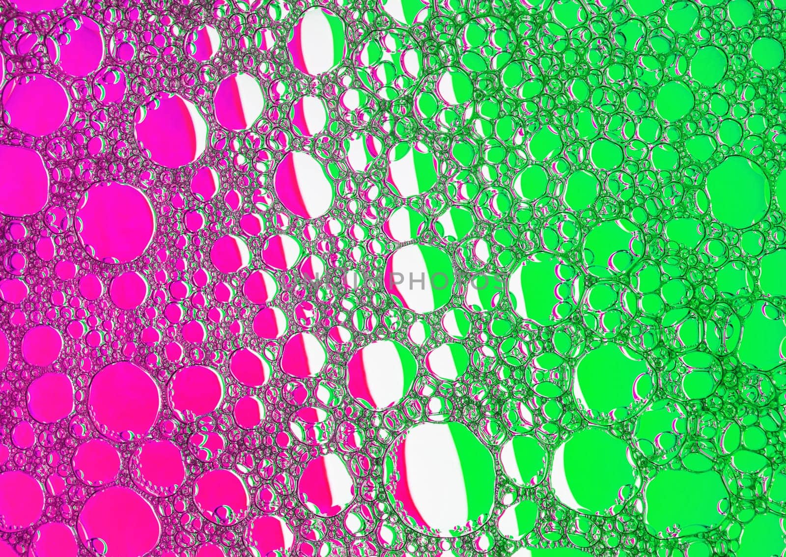 Magenta and green bubbles background. Foam bubbles macro texture.