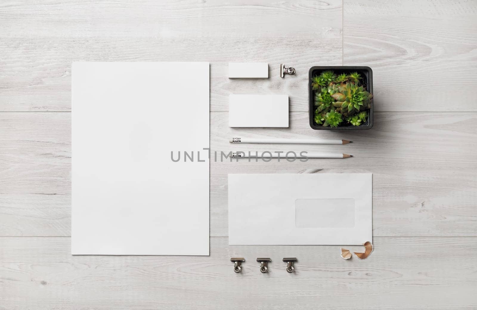 Blank stationery set. Business brand template on wooden background. Top view. Flat lay.