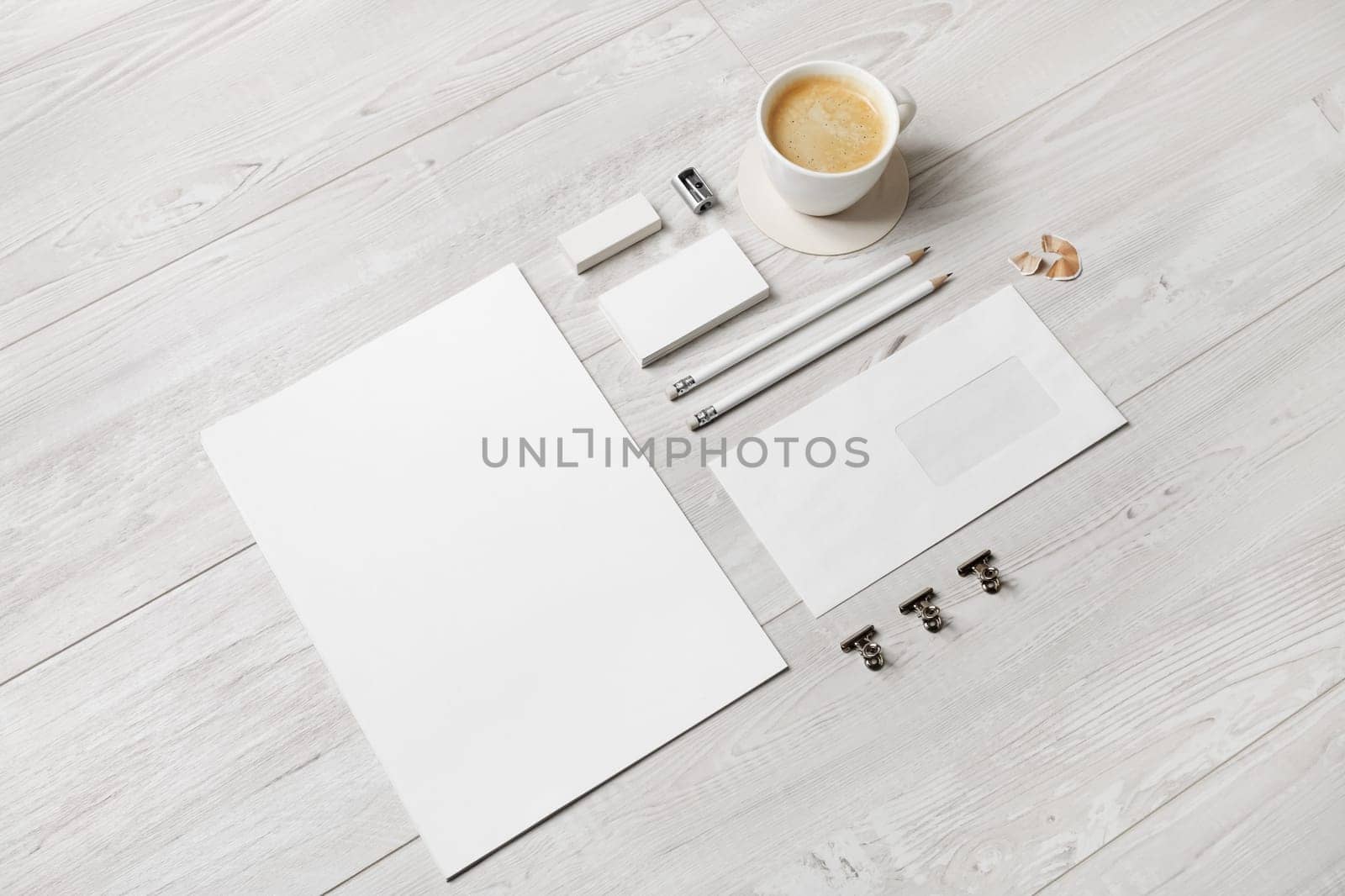 Blank stationery and corporate identity template on wood background. Responsive design mockup.