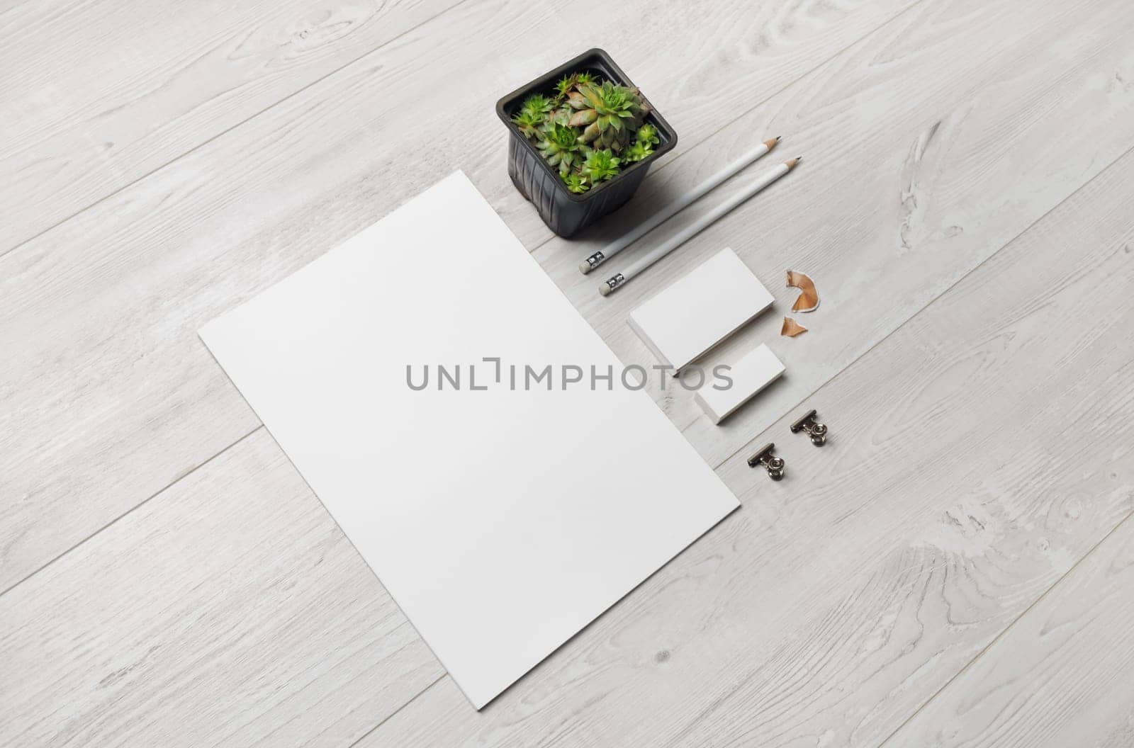 Blank stationery template on wooden background. Branding mock up for designers portfolios.