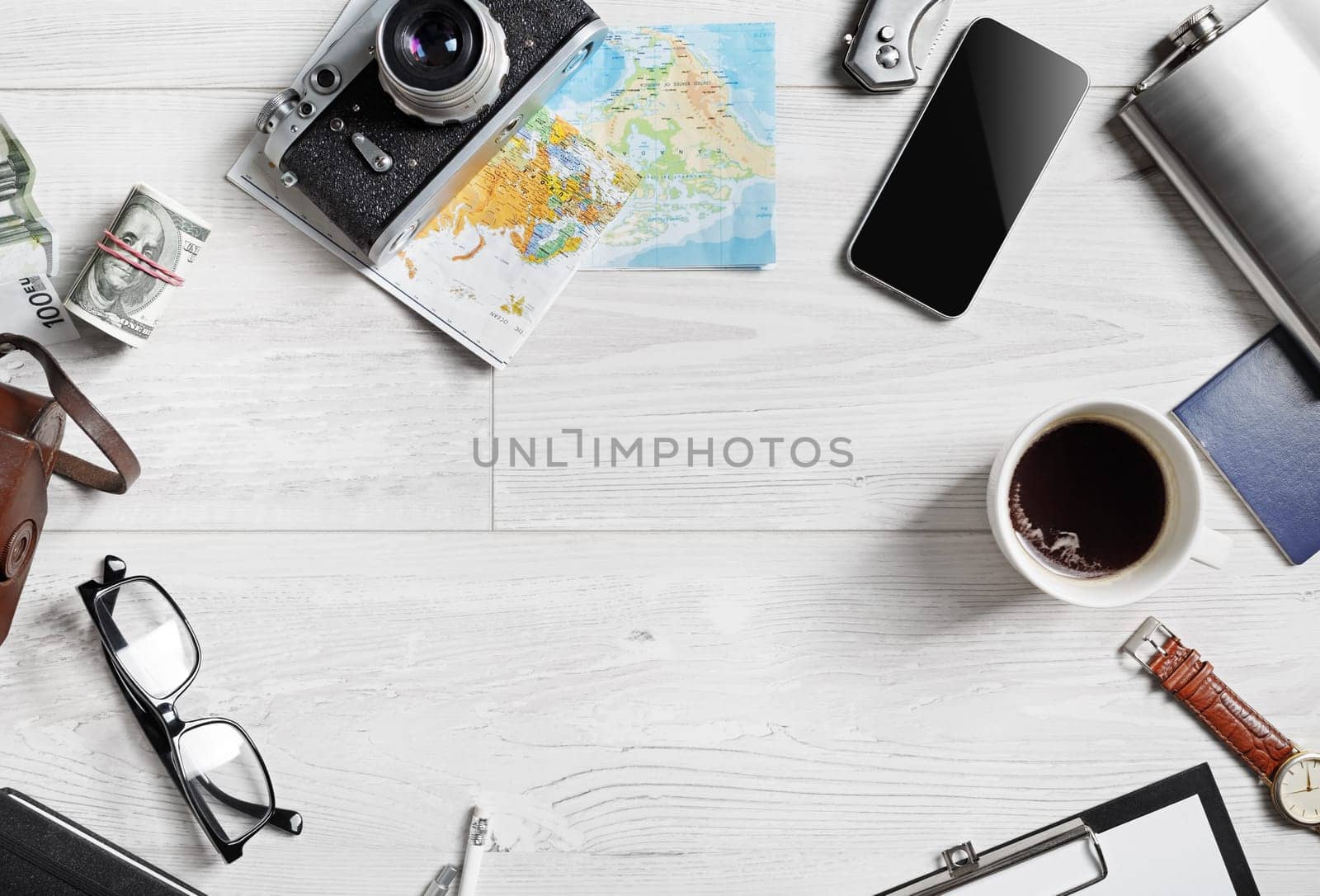 Tourist essentials tools. Travel concept with a copy space. Flat lay.