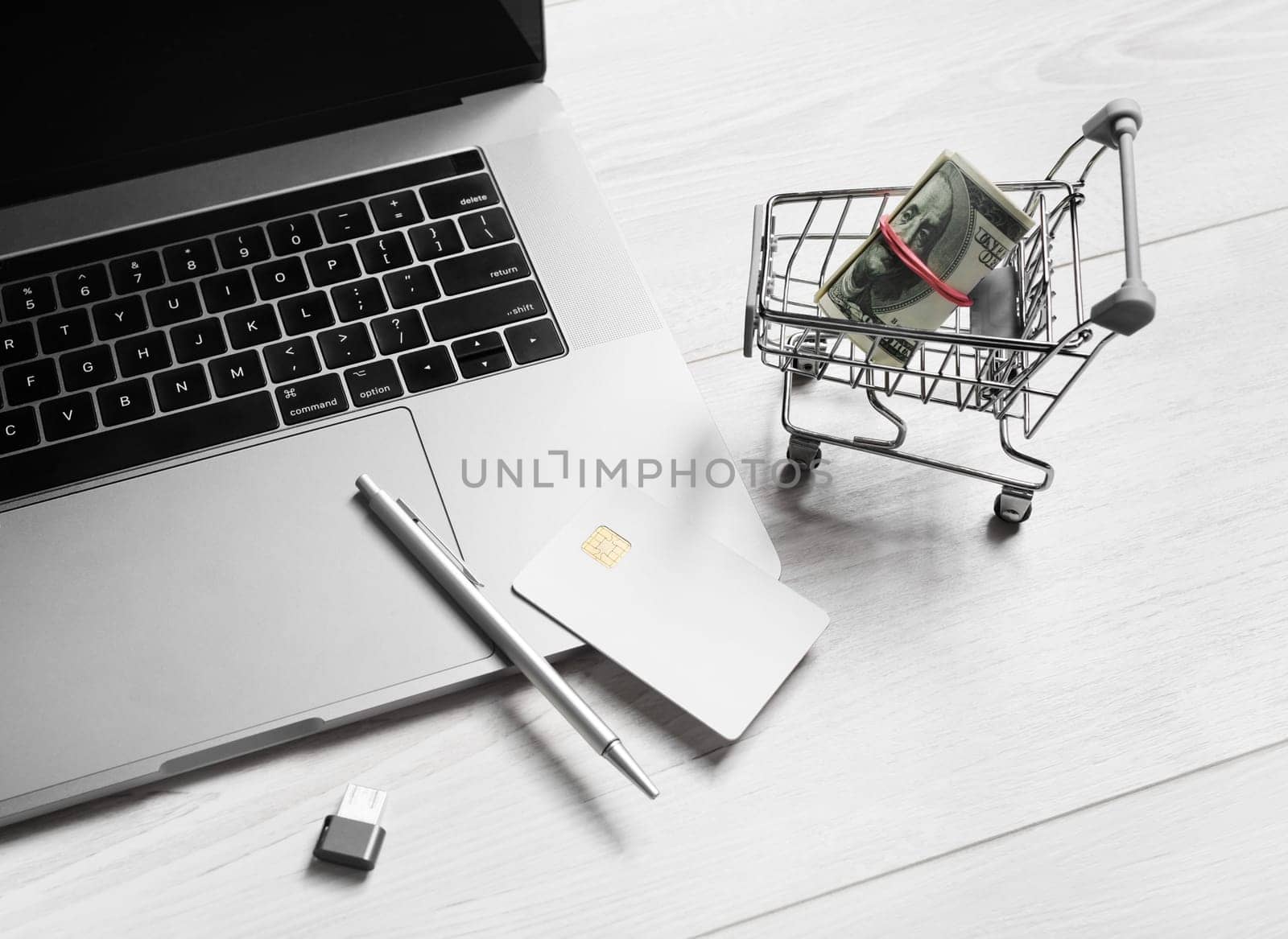 Online internet shopping concept. Laptop, shopping trolley with money, credit card, pen and flash drive.