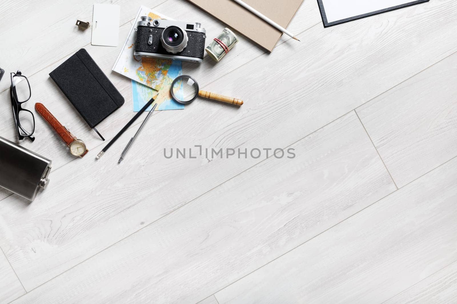Overhead view of travel items with a copy space. Flat lay.