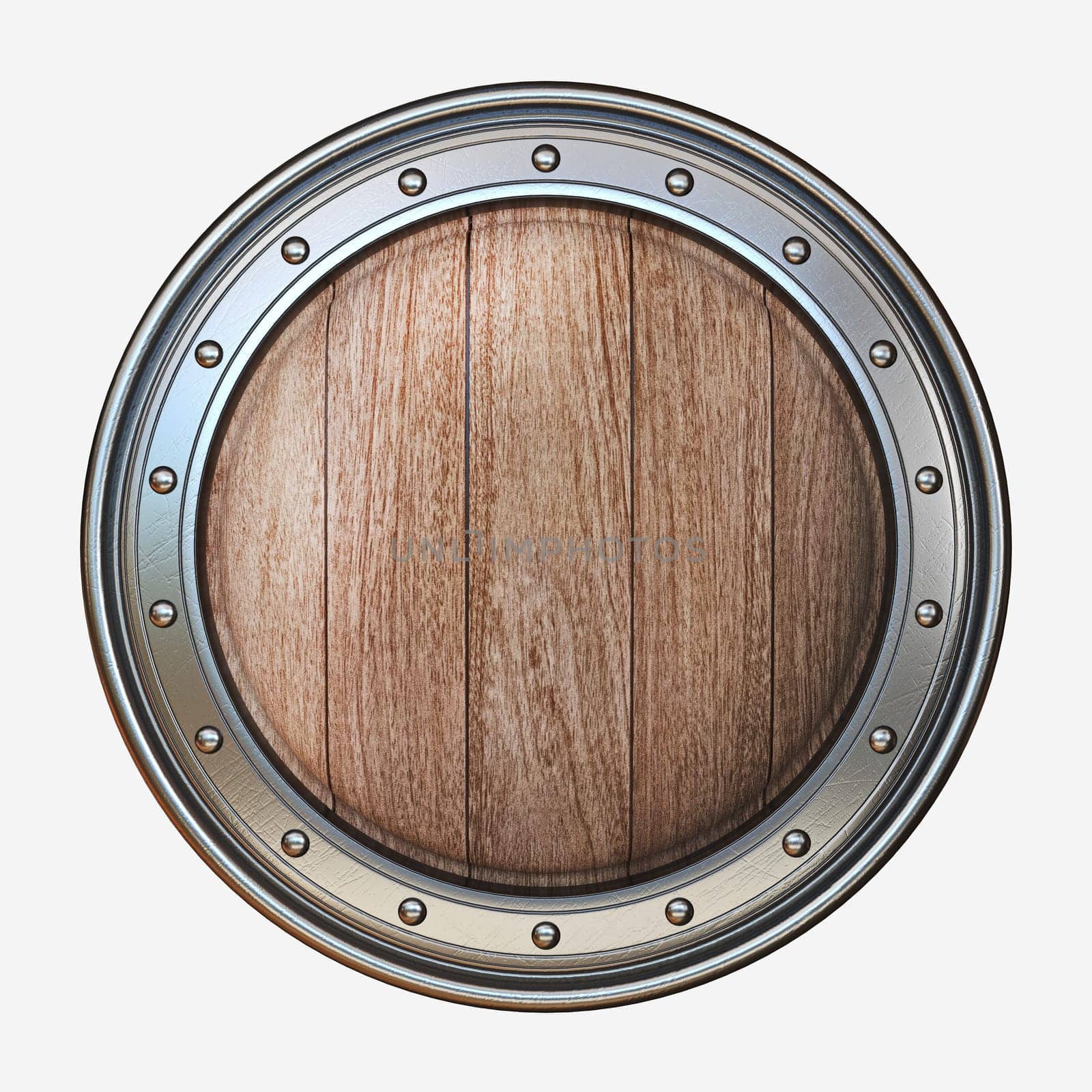 Circle wooden shield with steel frame 3D rendering illustration isolated on white background